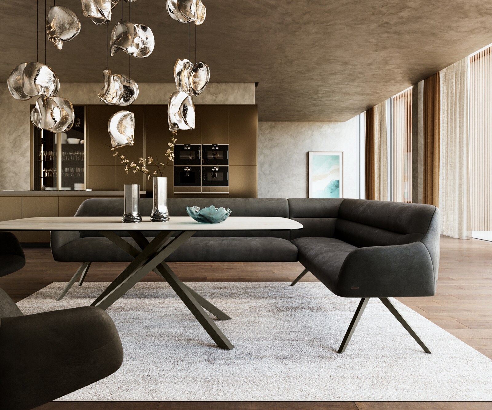 Banc-de-salle-à-manger Taya-Flex 285x190 cm microfibre antracite vintage pied croisé angulaire titane ressort ensaché liens 2