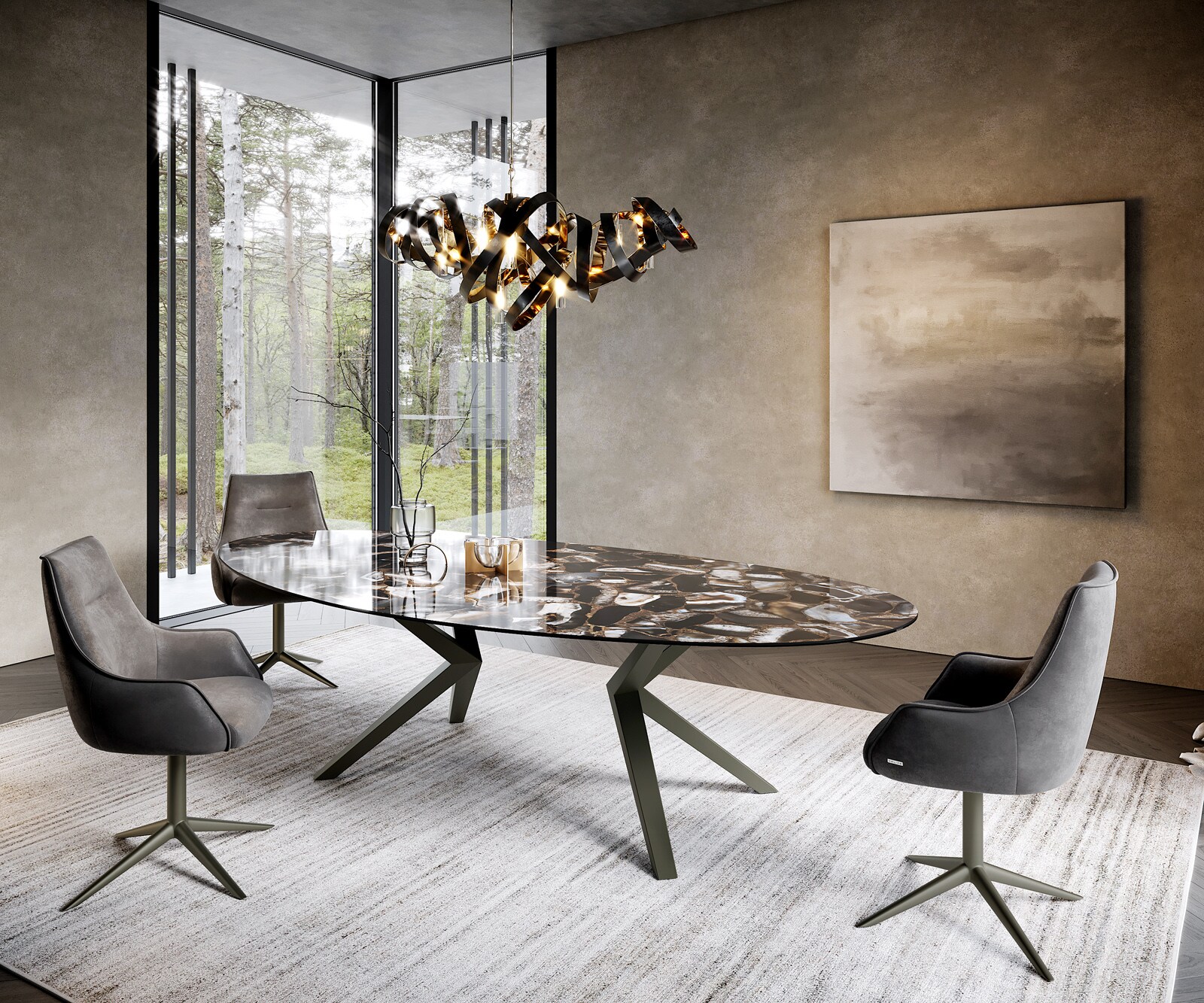 Table à manger Edge Ovale 280x130 Céramique Iris FMG Agatablack Zenthara anguleux Métal finition à effet Titane 4
