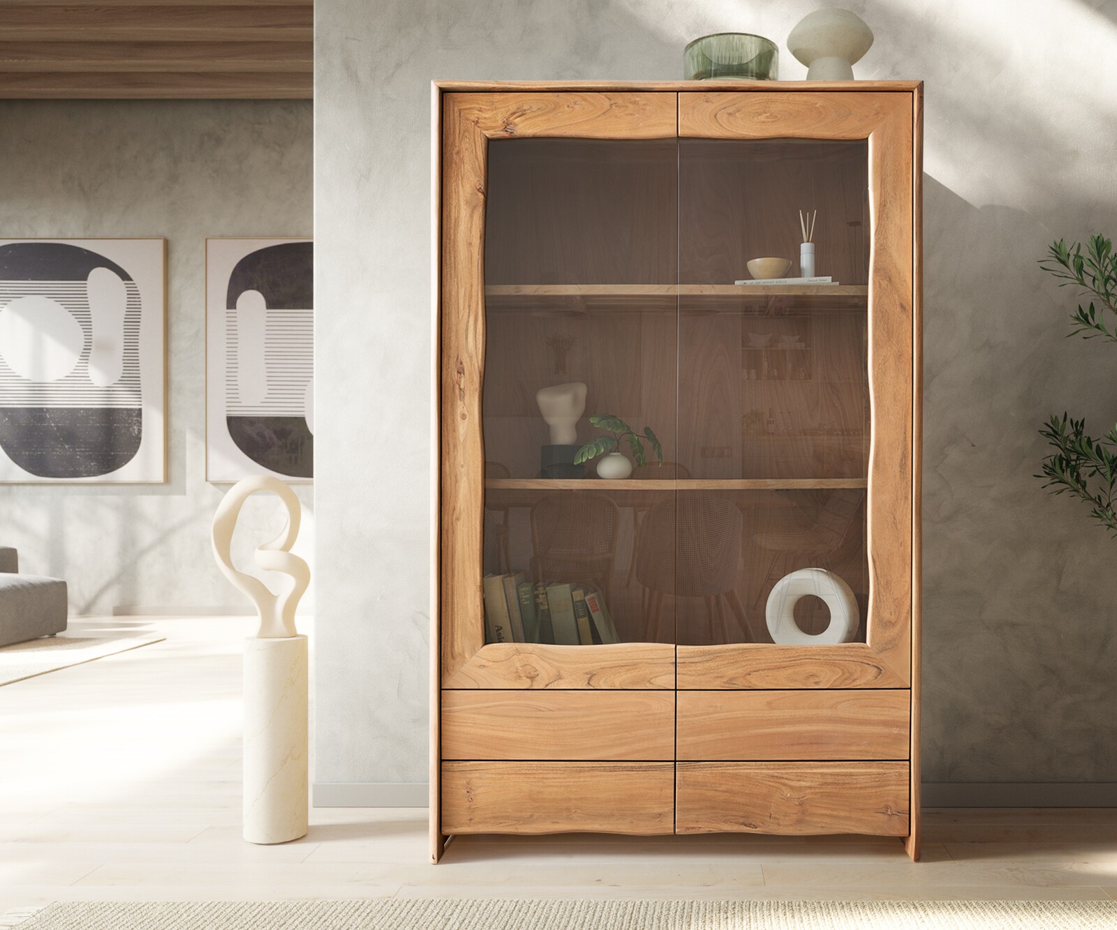 Vitrine Live-Edge 120x190 cm Acacia Naturel 2 portes 4 tiroirs Massif 1