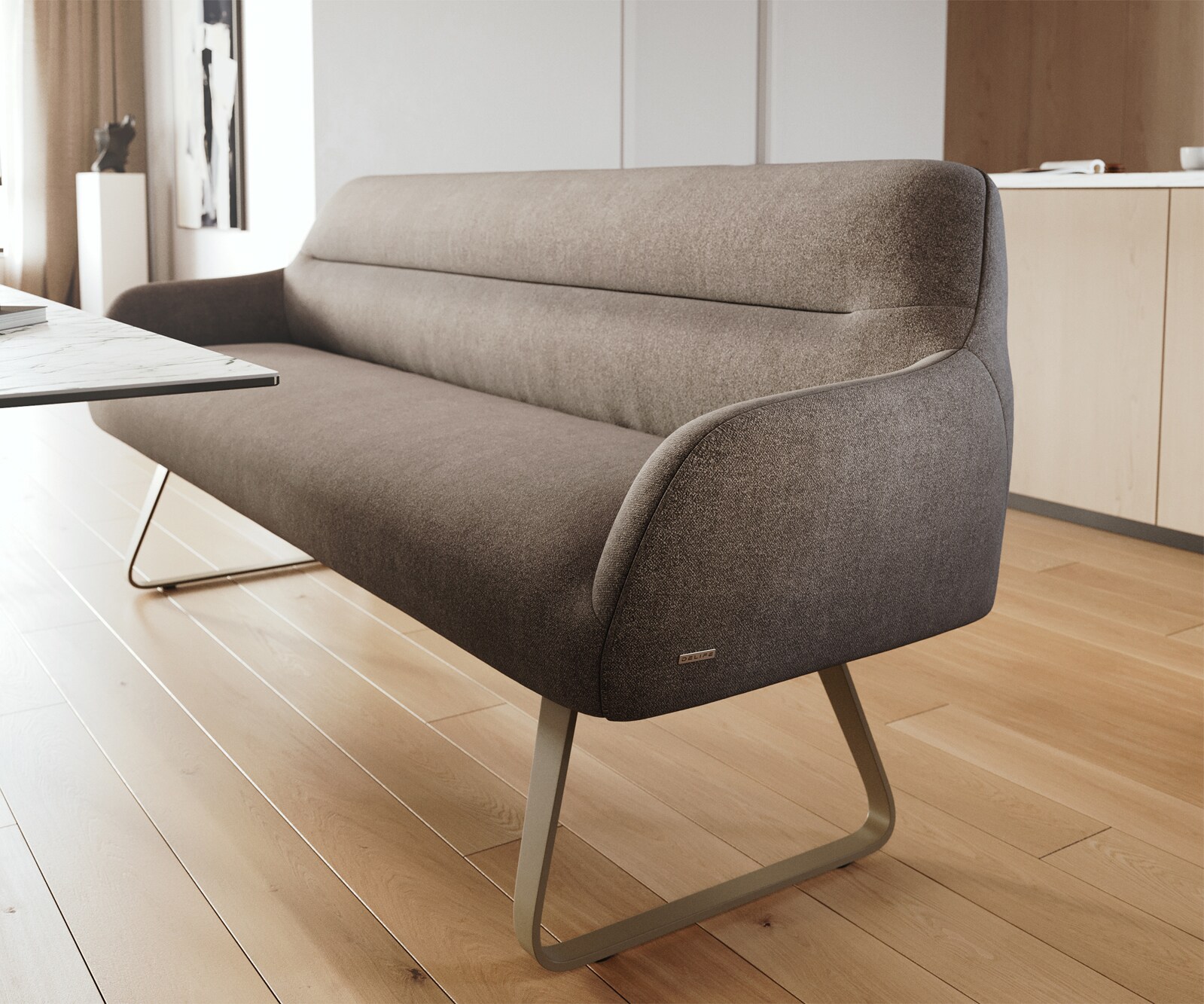 Banc-de-salle-à-manger Taya-Flex 200 cm tissu structuré doux taupe châssis à patins plat titane ressort ensaché 5