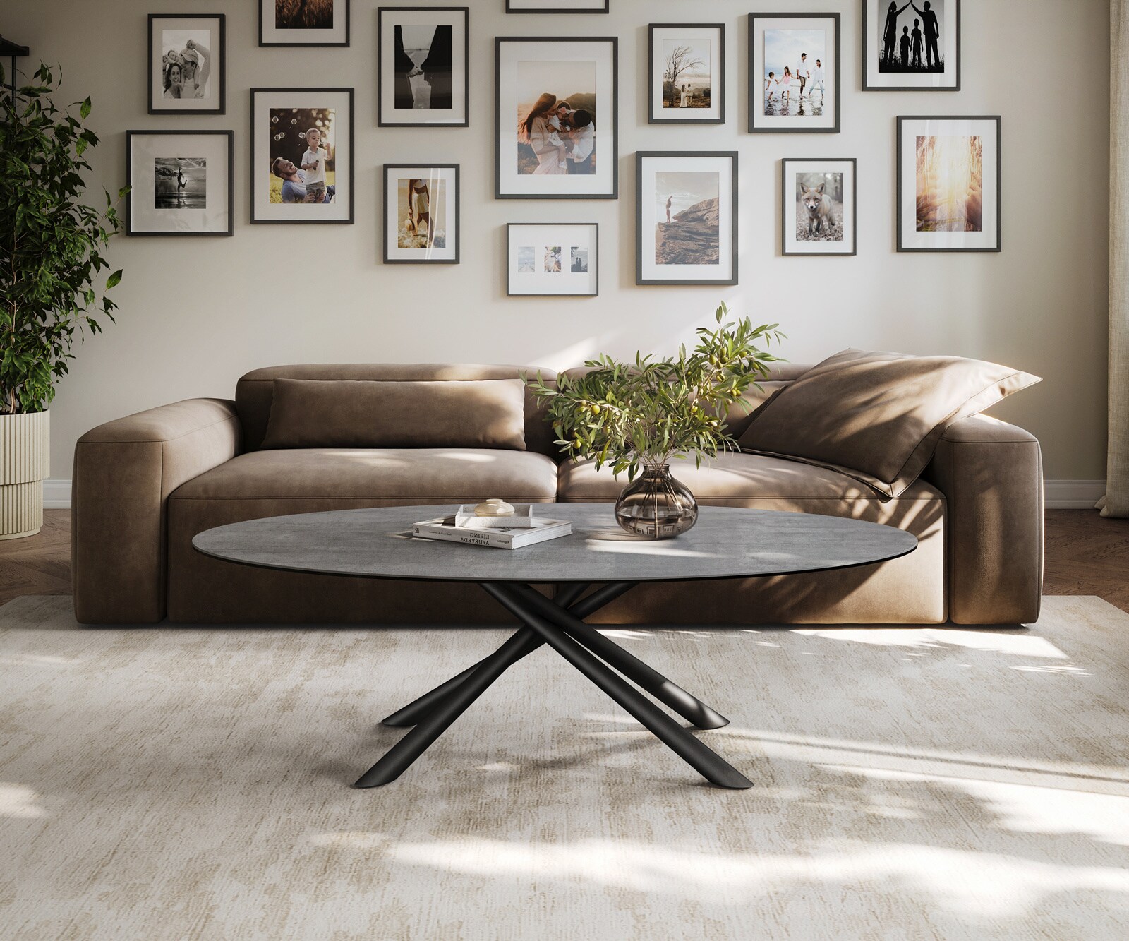 Table basse Edge ovale 140x80 cm céramique béton gris Sarity métal noir 2