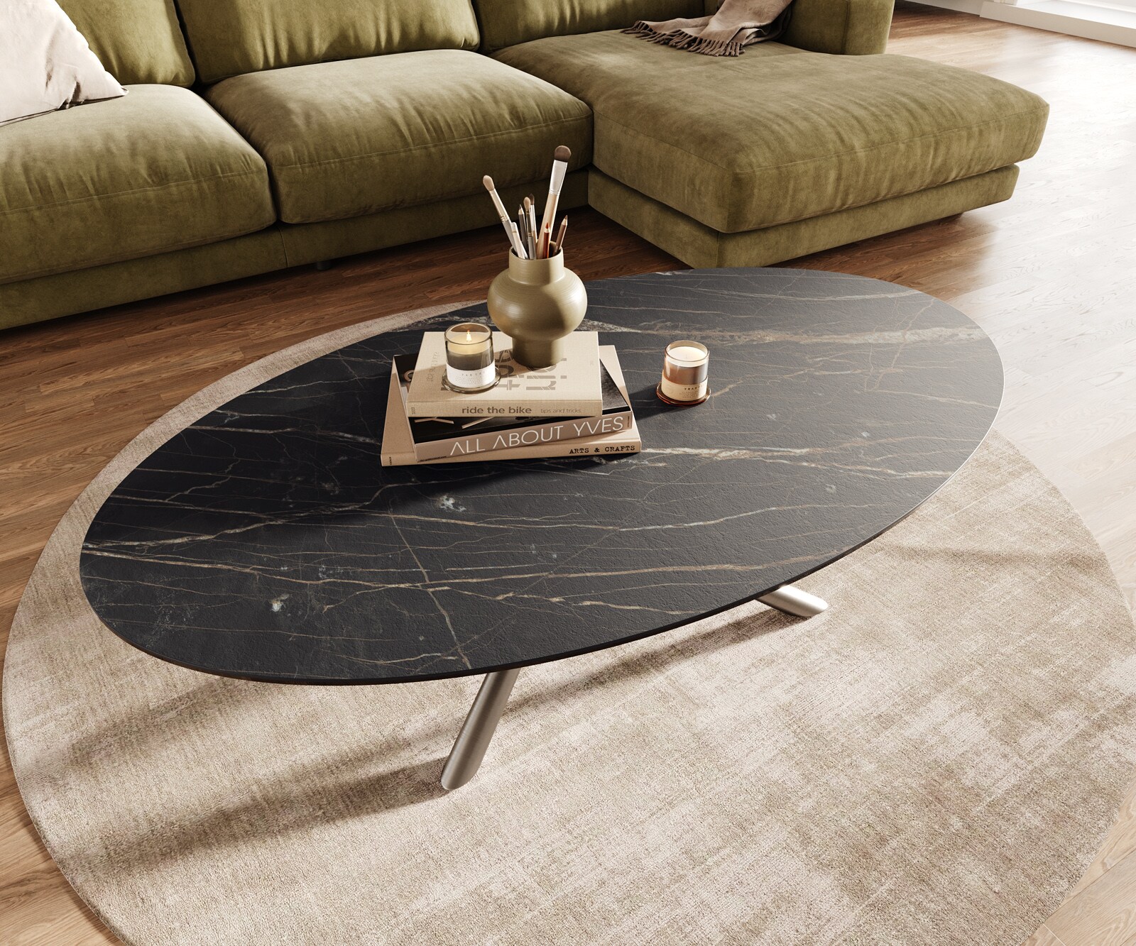 Table basse Edge Oval 140x80 cm céramique Laminam® Noir Desir brun Sarity acier inoxydable brossé 4