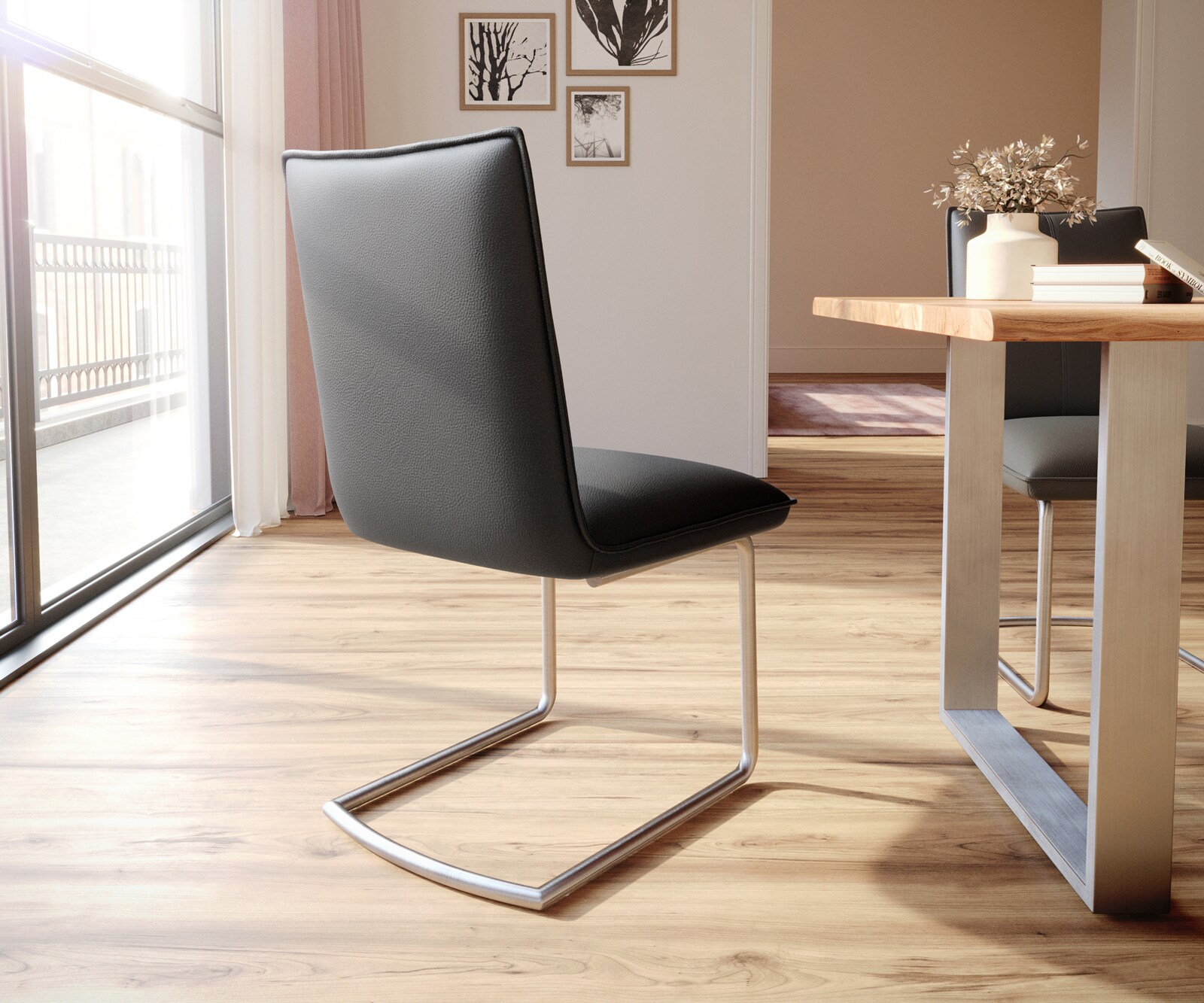 Cantilever Lelio-Flex cuir de vache noir pied cantilever rond acier inoxydable brossé ressorts ensachés 5