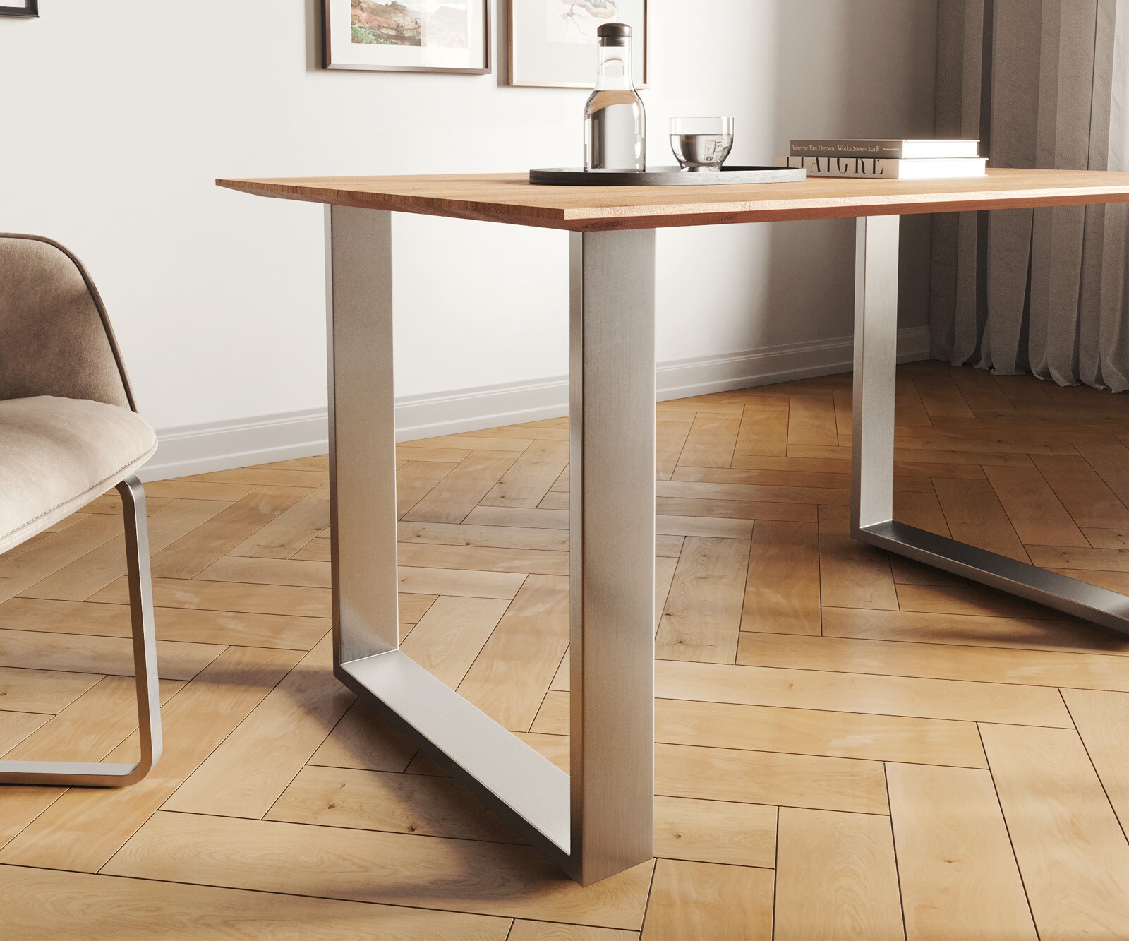 Table-à-manger Edge 140x90 acacia nature acier inoxydable mince bord suisse 4 Table-à-manger Edge 140x90 acacia nature acier inoxydable mince bord suisse 4