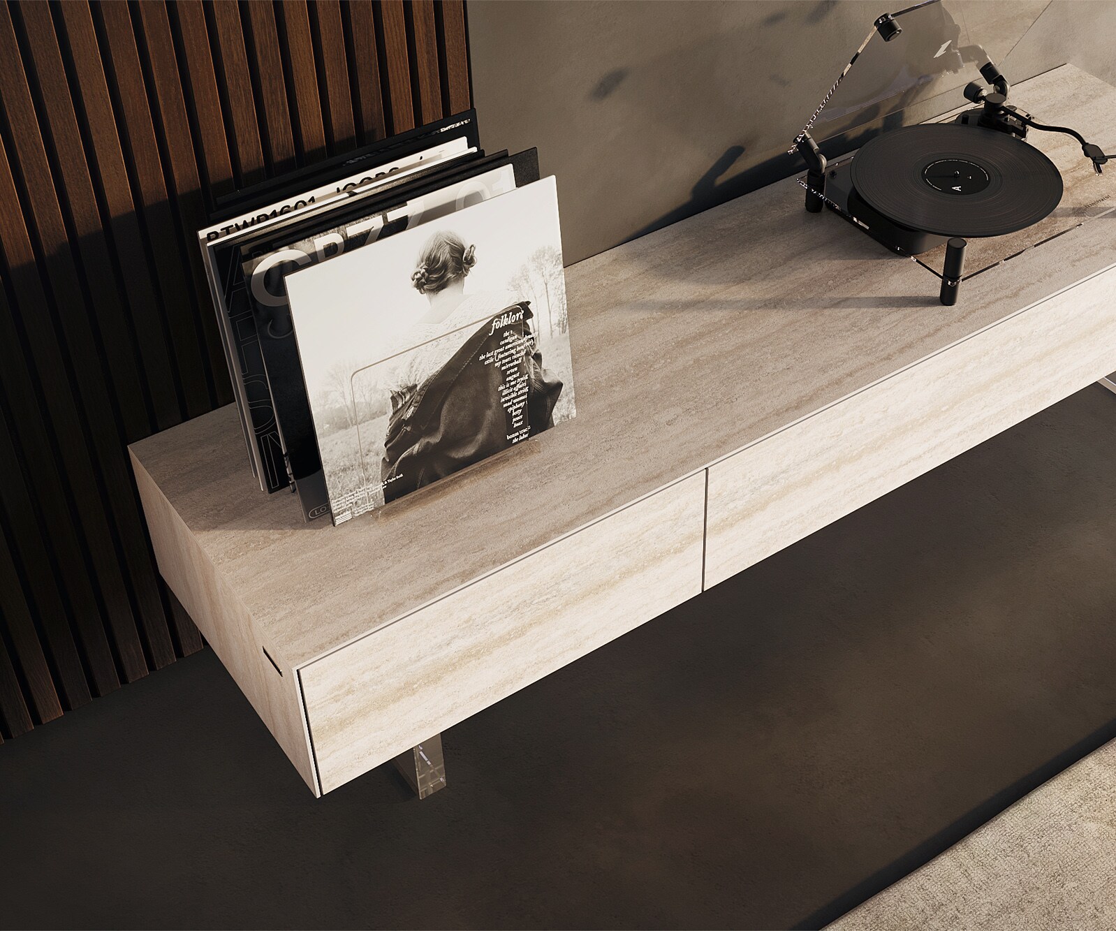 Meuble-TV Cuor 150 cm Céramique Laminam® Travertino Bianco Crème-blanc 1 Clapet 1 Tiroir Pied optique flottant Verre acrylique 3