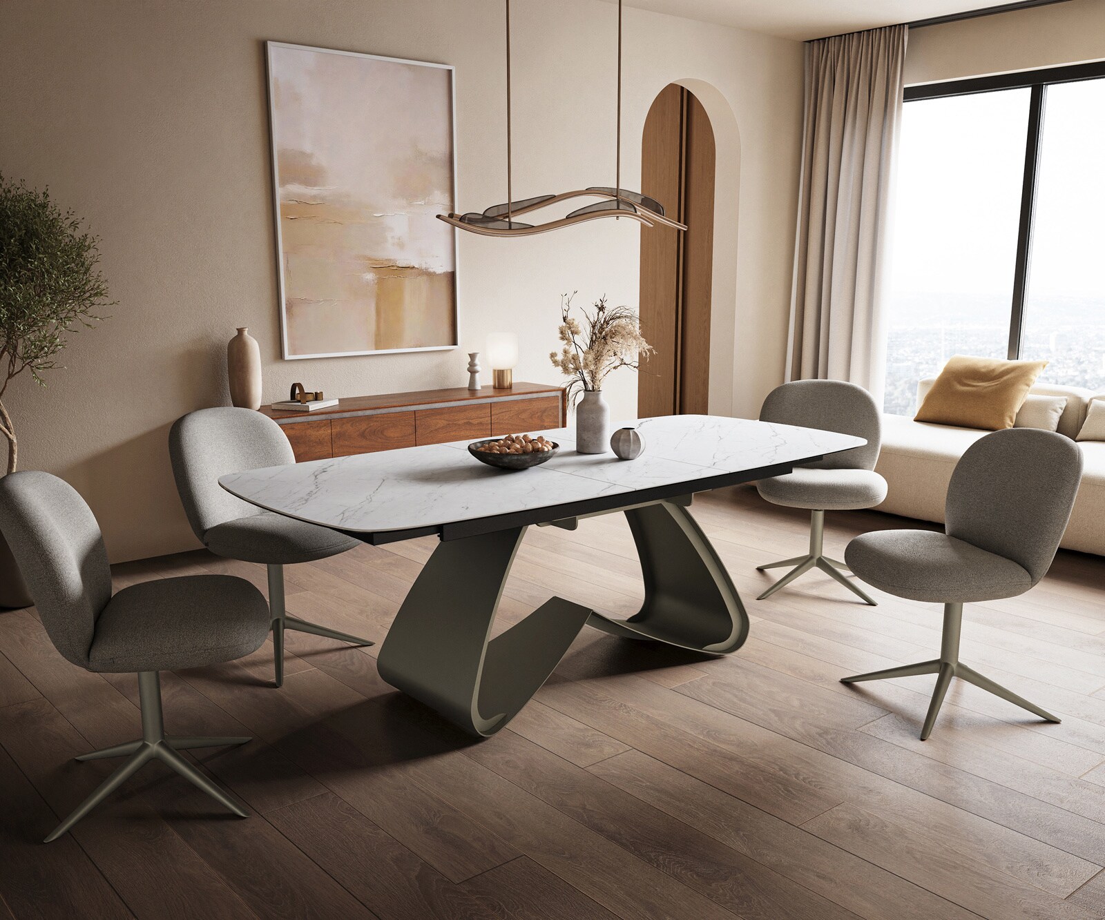 Table à manger Edge Boot 180-220x100 cm Céramique Laminam® Statuarietto Blanc piètement en W Finition effet Titan extensible 6