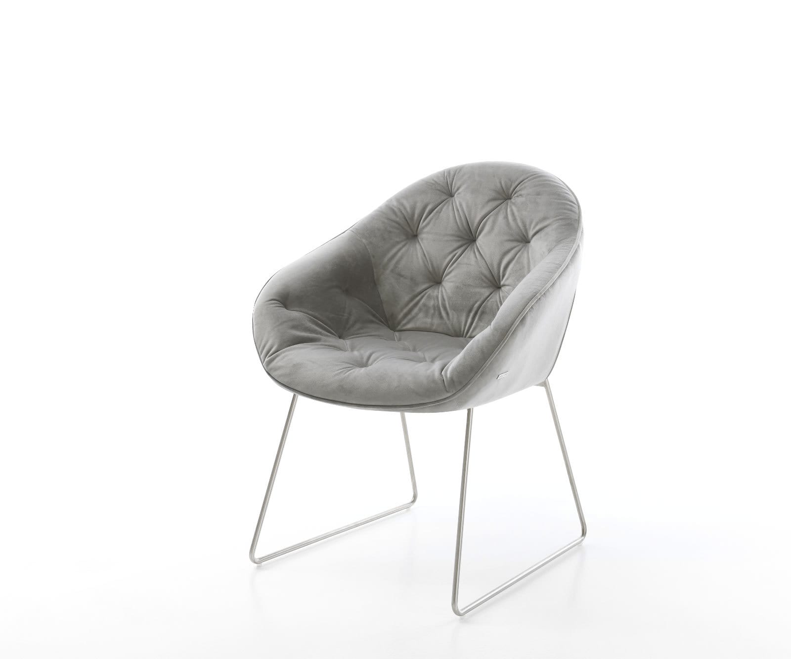 Chaise-de-salle-à-manger Gaio-Flex velours gris pied trapèze acier inoxydable brossé Chaise-de-salle-à-manger Gaio-Flex velours gris pied trapèze acier inoxydable brossé