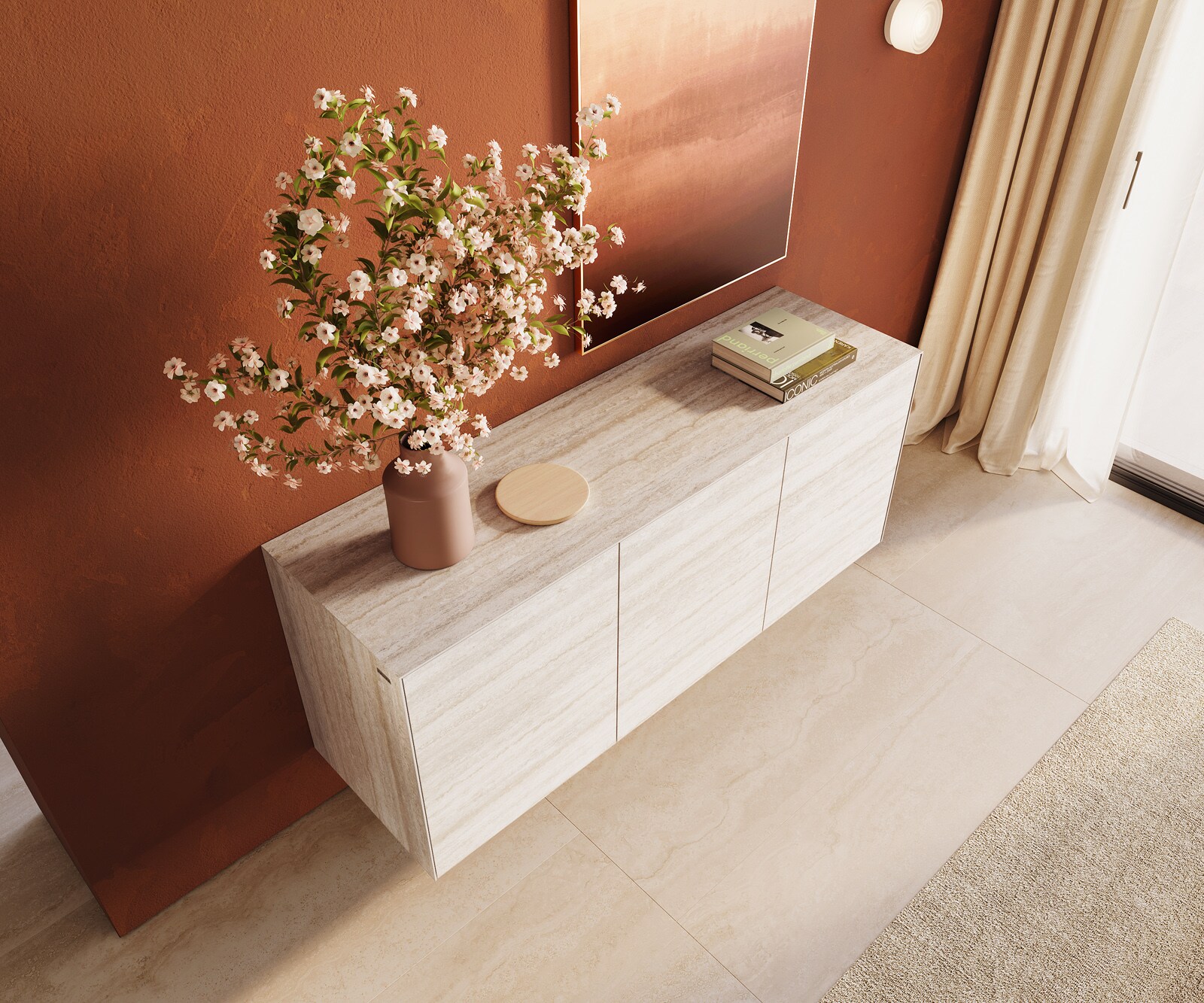 Buffet Cuor 150 cm Céramique Laminam® Travertino Bianco Crème-blanc 3 Portes Flottant 4