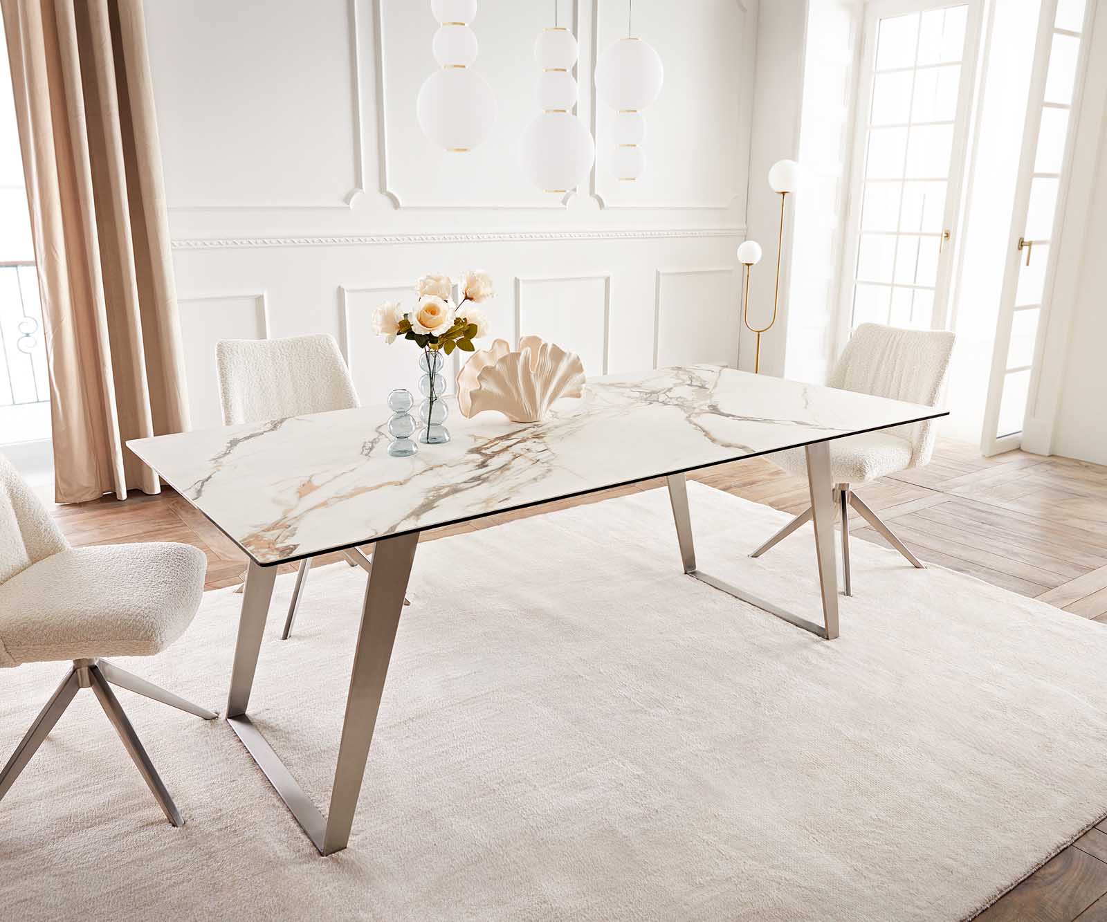 Table à manger Edge 200x100 céramique Calacatta Luxe blanc-doré-gris acier inoxydable incliné 2 Table à manger Edge 200x100 céramique Calacatta Luxe blanc-doré-gris acier inoxydable incliné 2