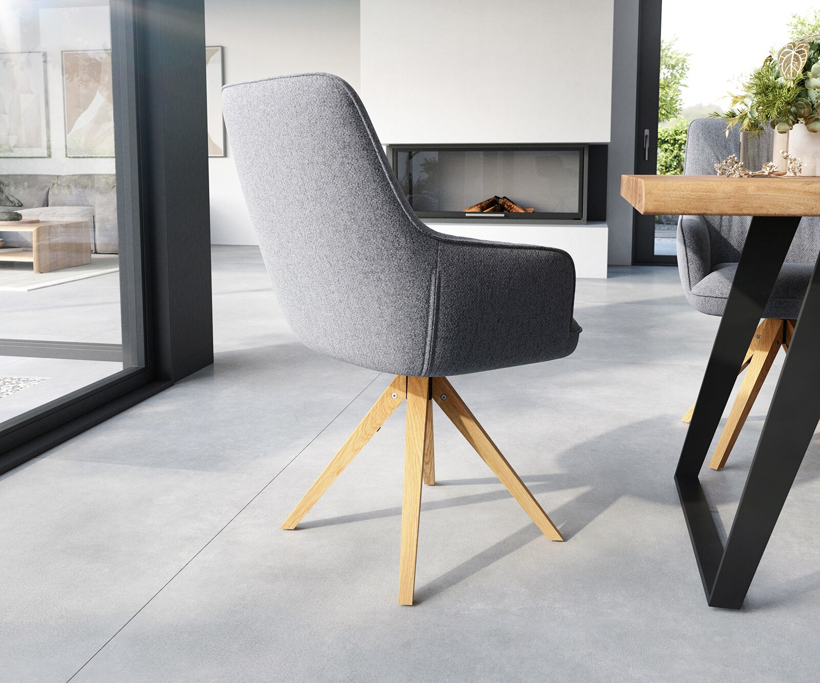 Chaise-de-salle-à-manger Zelia-Flex avec accoudoirs tissu texturé gris clair pied en bois angulaire naturel ressorts ensachés 4 Chaise-de-salle-à-manger Zelia-Flex avec accoudoirs tissu texturé gris clair pied en bois angulaire naturel ressorts ensachés 4