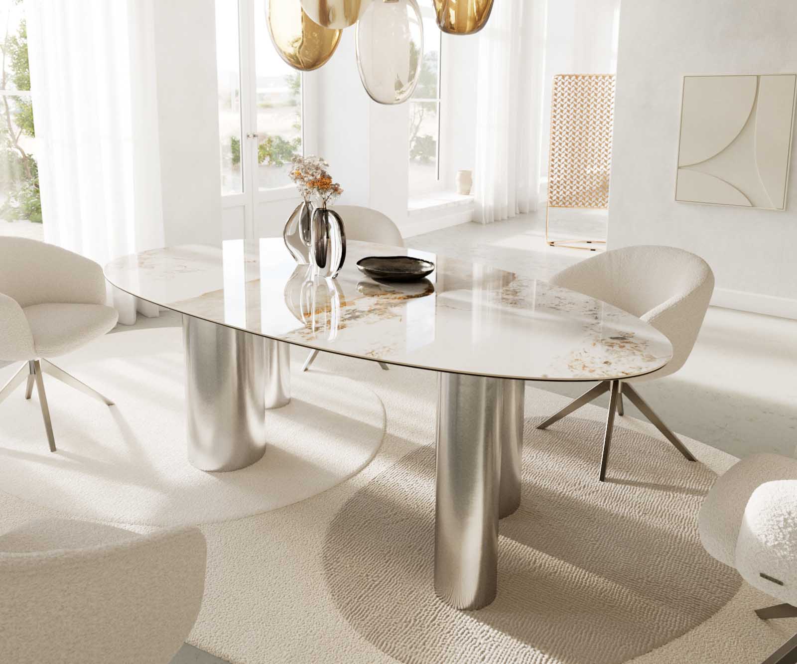 Table à manger Edge Oval 220x120 Céramique Minas Melange Blanc-Beige Pilier Acier inoxydable 6