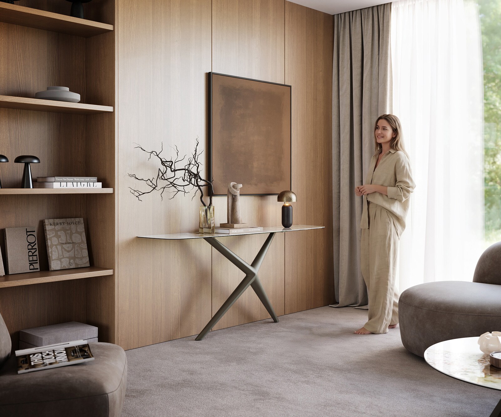Console Edge forme bateau 180x40 cm Céramique Minas Melange Weiß-Beige Estelo Métal Effektfinish Titan 7