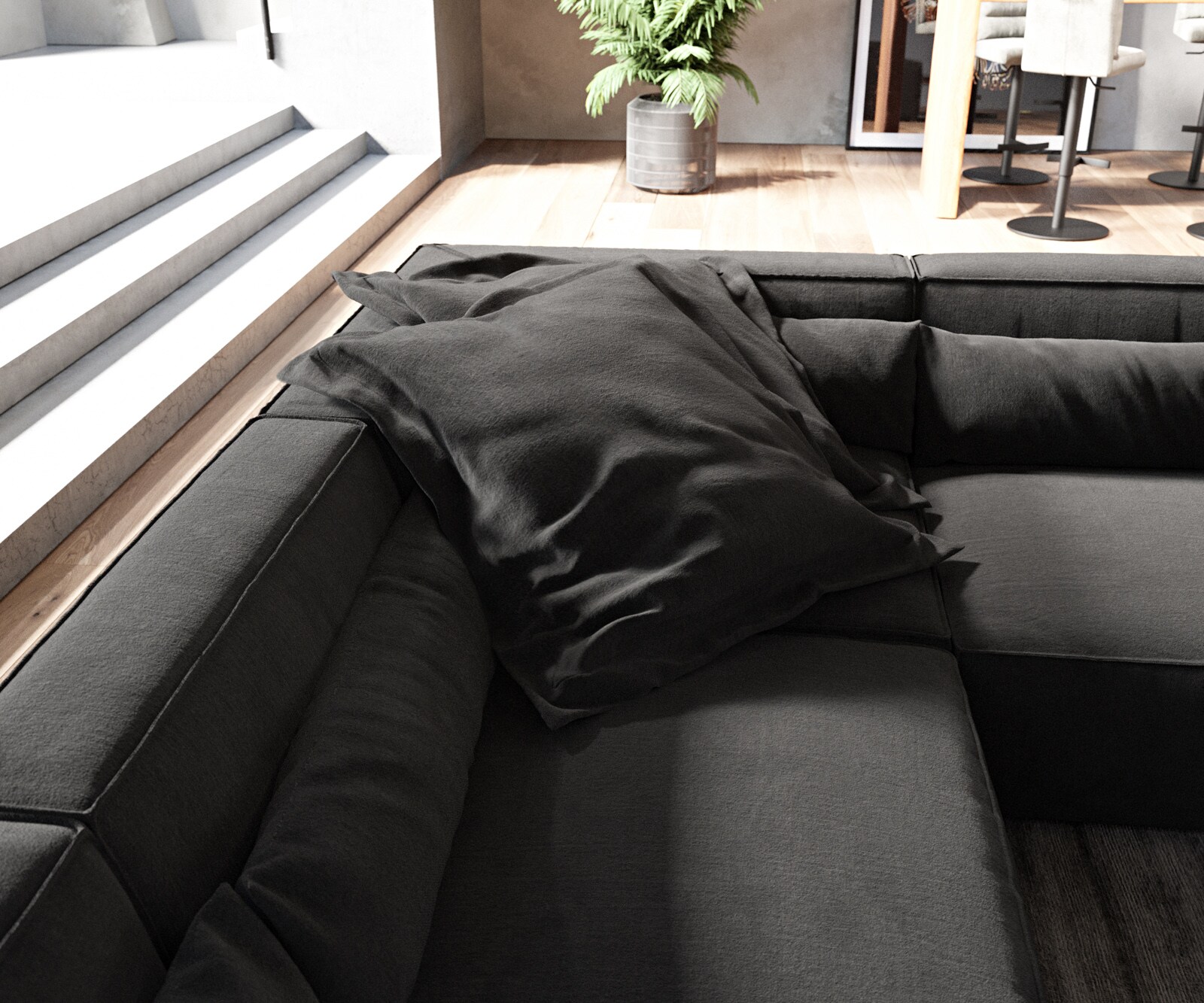 Canapé panoramique Sirpio 300x200 cm Microfibre Noir Recamiere variable avec Tabouret 5