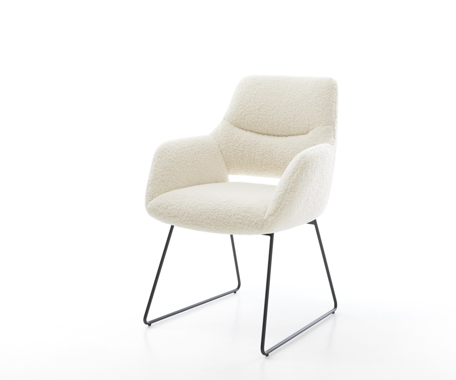 Chaise-de-salle-à-manger Yago-Flex avec accoudoirs tissu teddy beige pied trapèze noir resorts ensachés 1