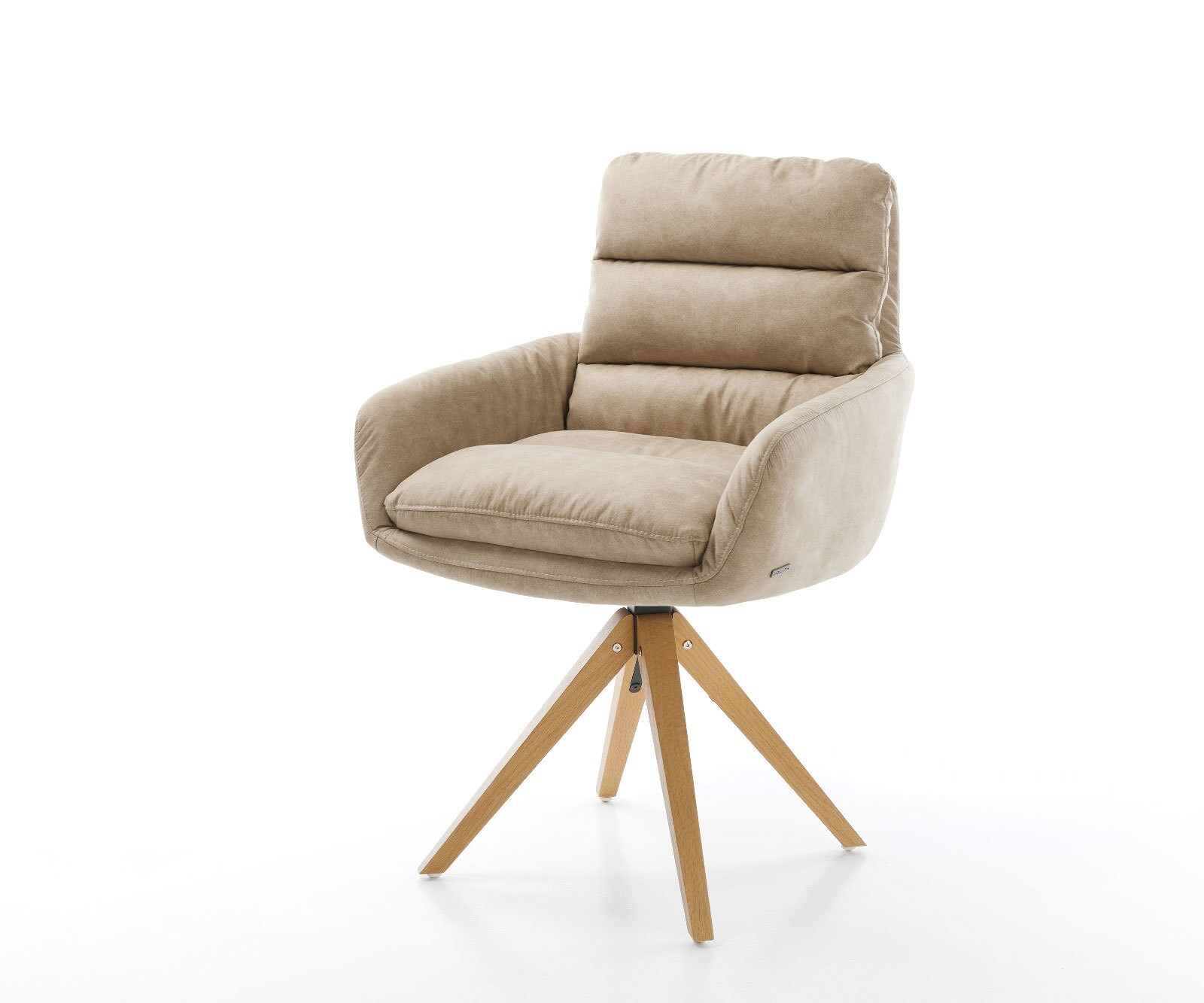 Chaise-de-salle-à-manger Abelia-Flex avec accoudoirs microvelours beige vintage pied en bois angulaire naturel