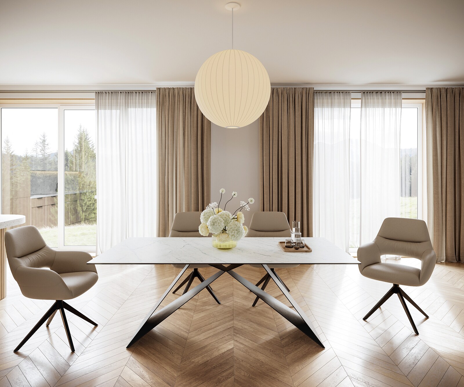 Table-à-manger Edge 200x100cm Laminam® céramique blanc V-pieds milieu noir 1