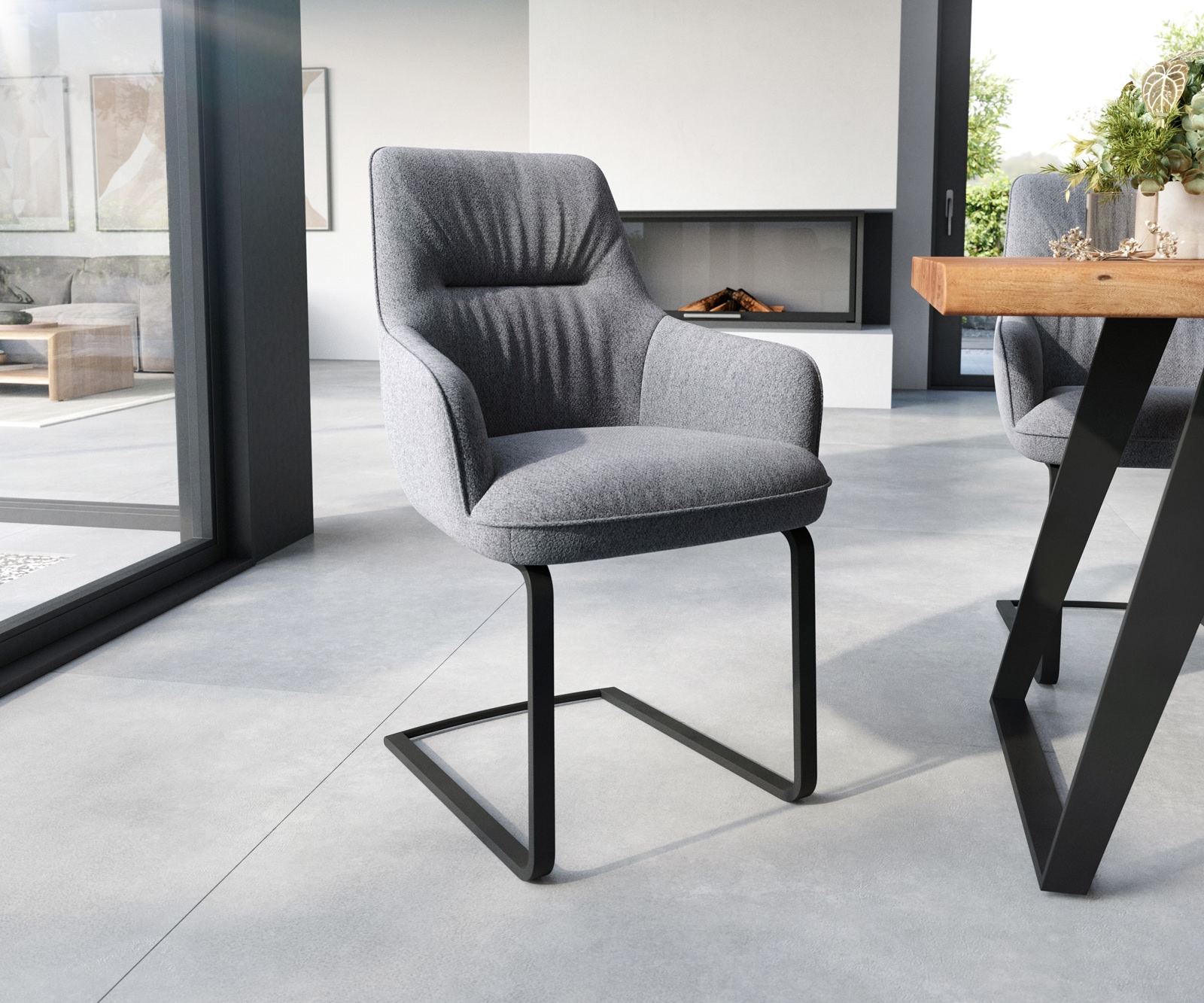 Cantilever Zelia-Flex avec accoudoirs tissu texturé gris clair pied cantilever plat noir ressorts ensachés Cantilever Zelia-Flex avec accoudoirs tissu texturé gris clair pied cantilever plat noir ressorts ensachés