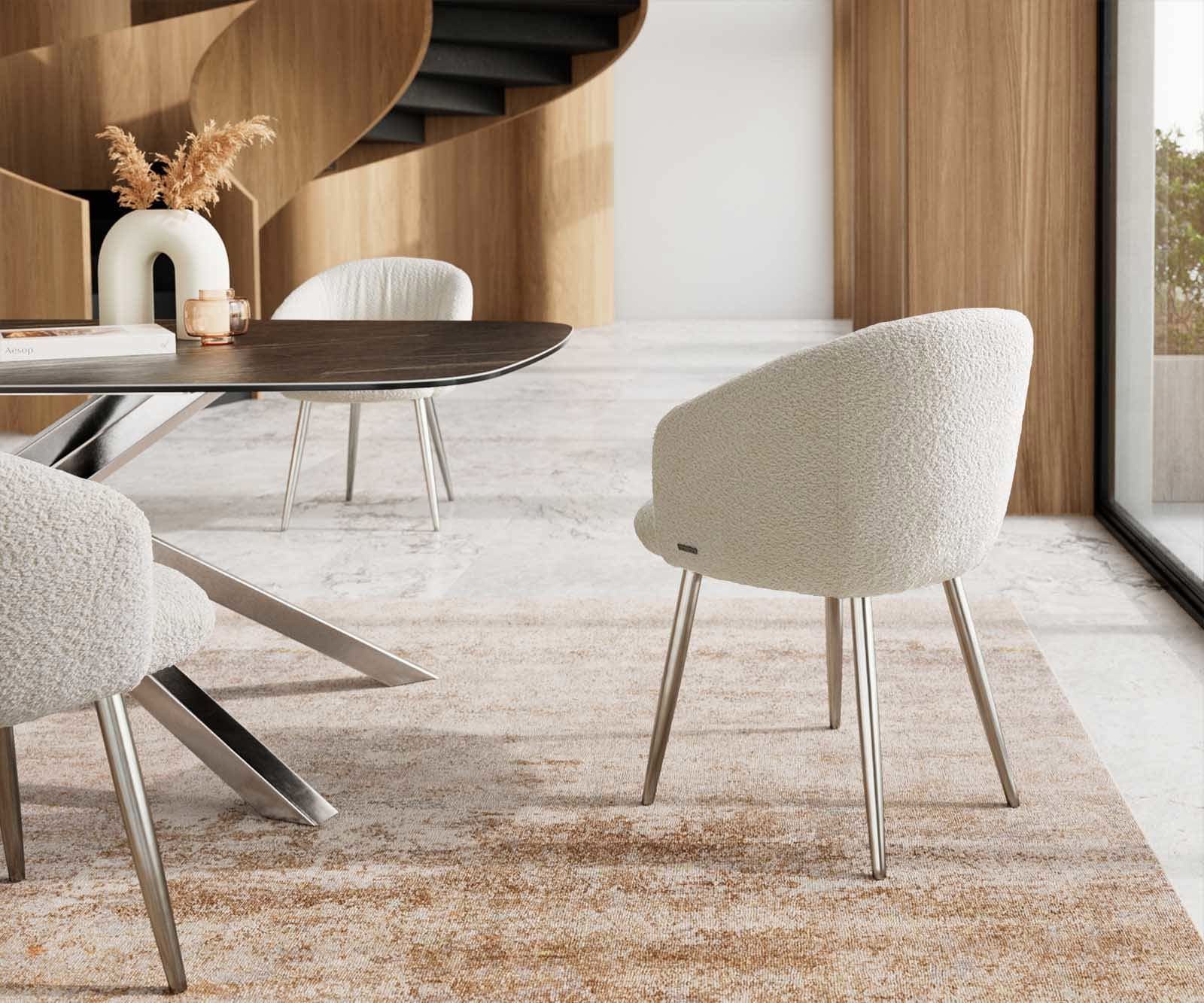 Chaise-de-salle-à-manger Caja-Flex avec accoudoirs bouclé blanc 4 pieds coniques acier inoxydable brossé ressorts ensachés 4 Chaise-de-salle-à-manger Caja-Flex avec accoudoirs bouclé blanc 4 pieds coniques acier inoxydable brossé ressorts ensachés 4