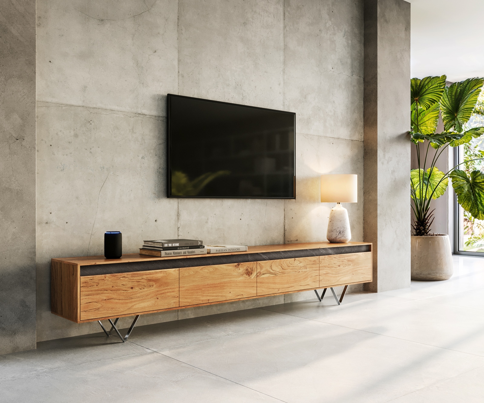 Meuble-TV Stonegrace 240 cm acacia nature 4 portes Meuble-TV Stonegrace 240 cm acacia nature 4 portes