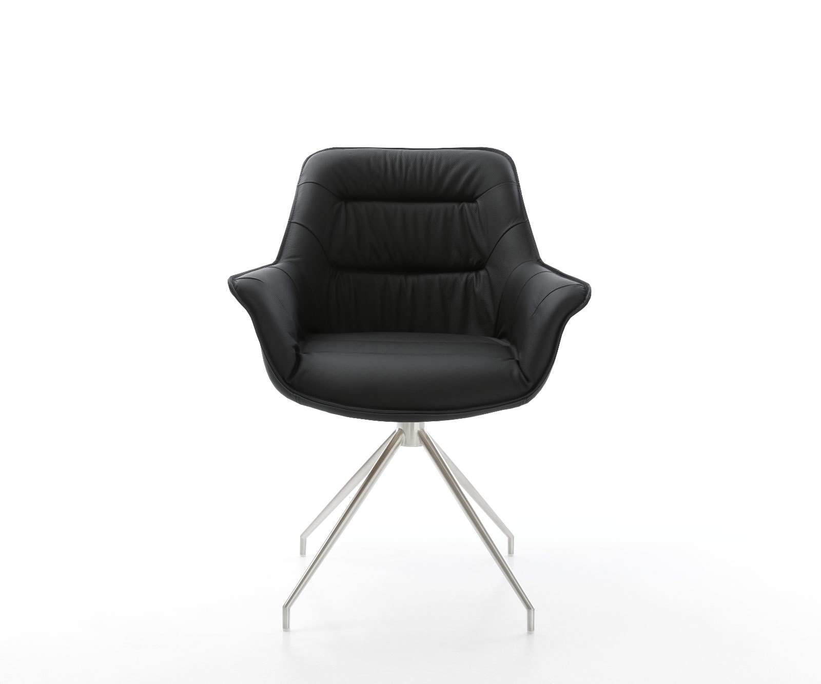 Chaise-de-salle-à-manger Kaira-Flex cuir de vache noir pied croisé conique acier inoxydable brossé 2