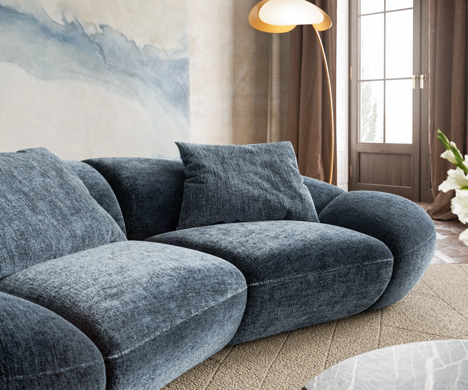 Canapé 2 places Lunna 280x170 cm chenille bleu 2 coussins 4