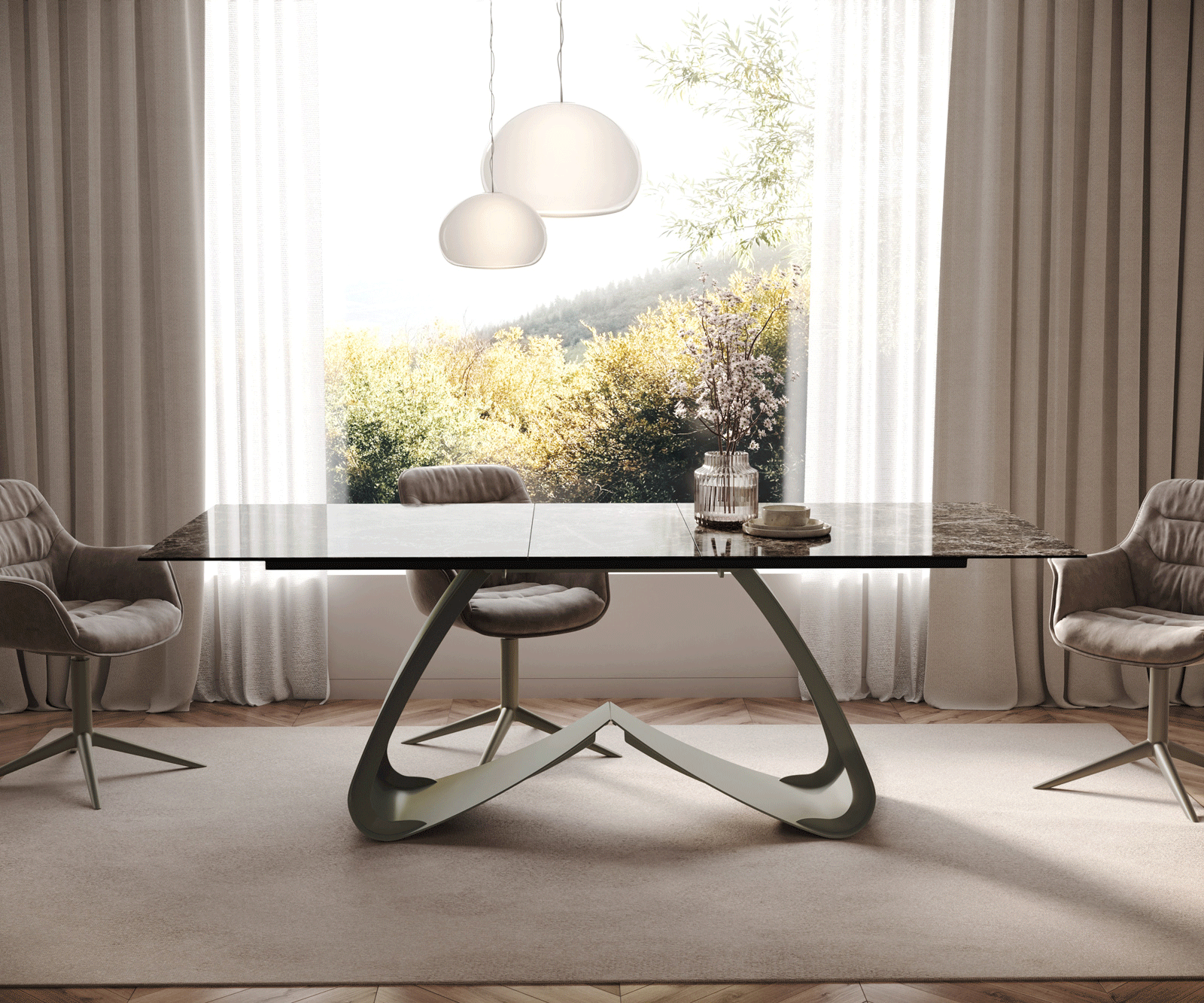 Table de salle à manger Edge Céramique Emperador Extra Lucidato Brun foncé 180-220x100 Piètement en W finition effet Titane extensible 2