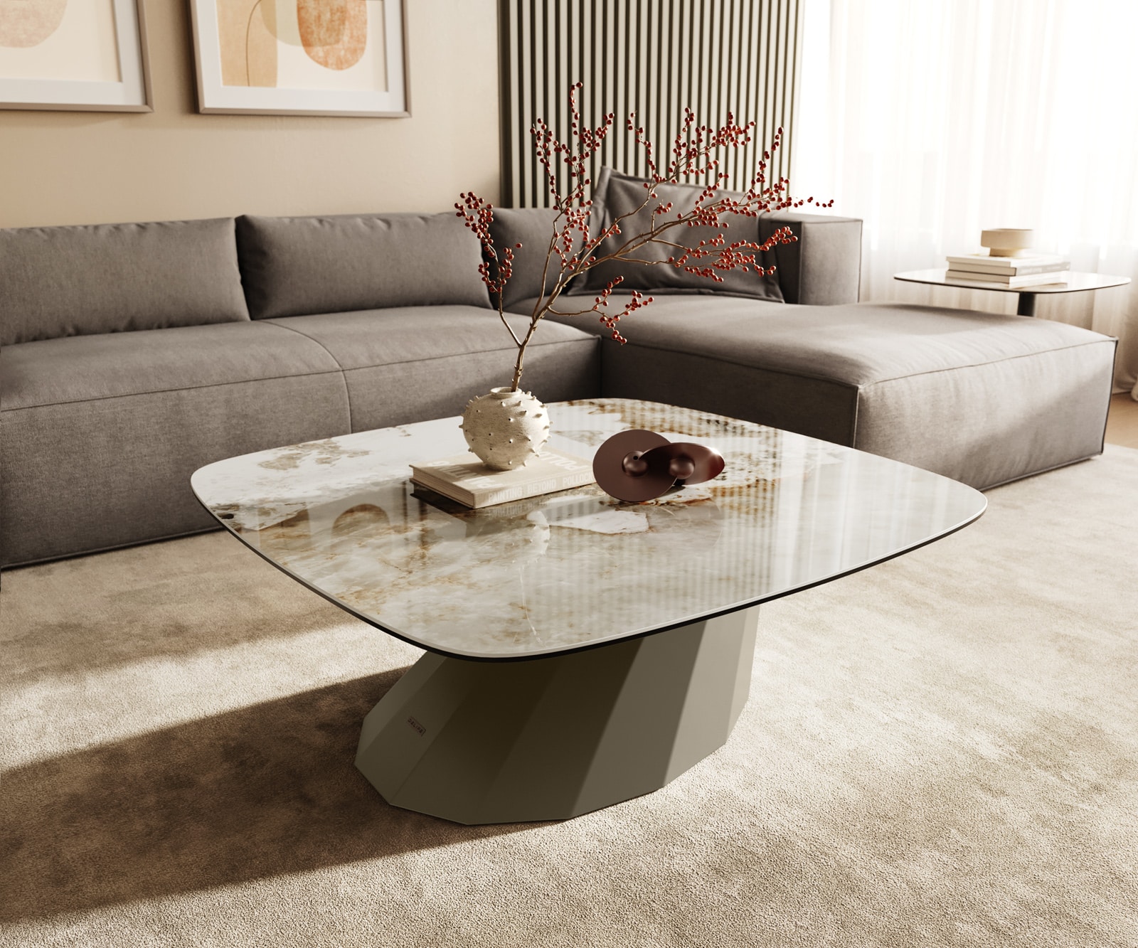 Table basse Edge Boot 90x90 cm céramique Minas Melange Parabi Metall finition effet titane 1