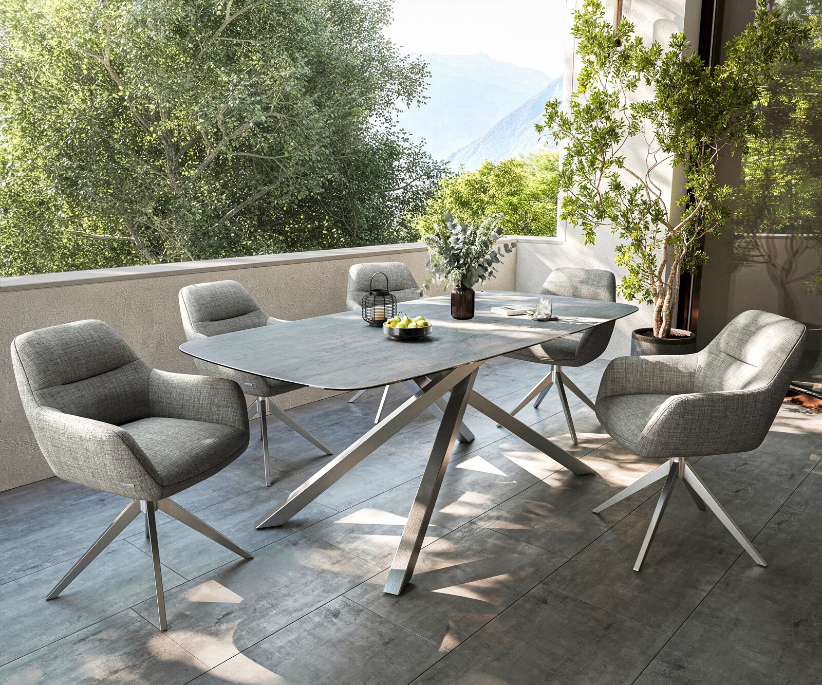 Table d’extérieur Edge bateau 200x100 cm céramique béton gris piètement croisé rectangulaire inox 7