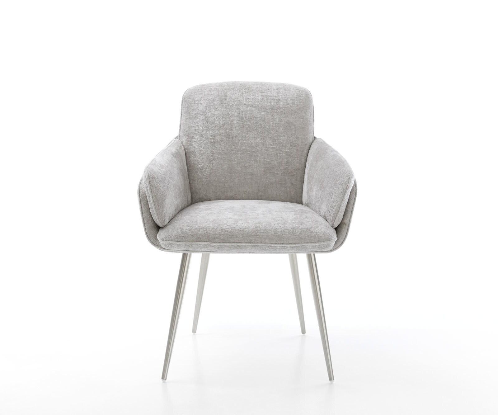 Chaise-de-salle-à-manger Luan-Flex avec accoudoirs chenille gris argenté 4 pieds coniques acier inoxydable brossé 1 Chaise-de-salle-à-manger Luan-Flex avec accoudoirs chenille gris argenté 4 pieds coniques acier inoxydable brossé 1