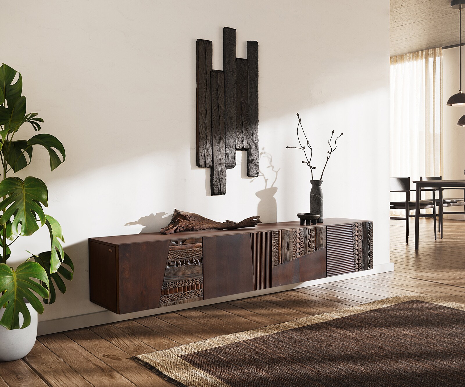 Meuble-TV  Imara 200 cm brun manguier 4 portes suspendues