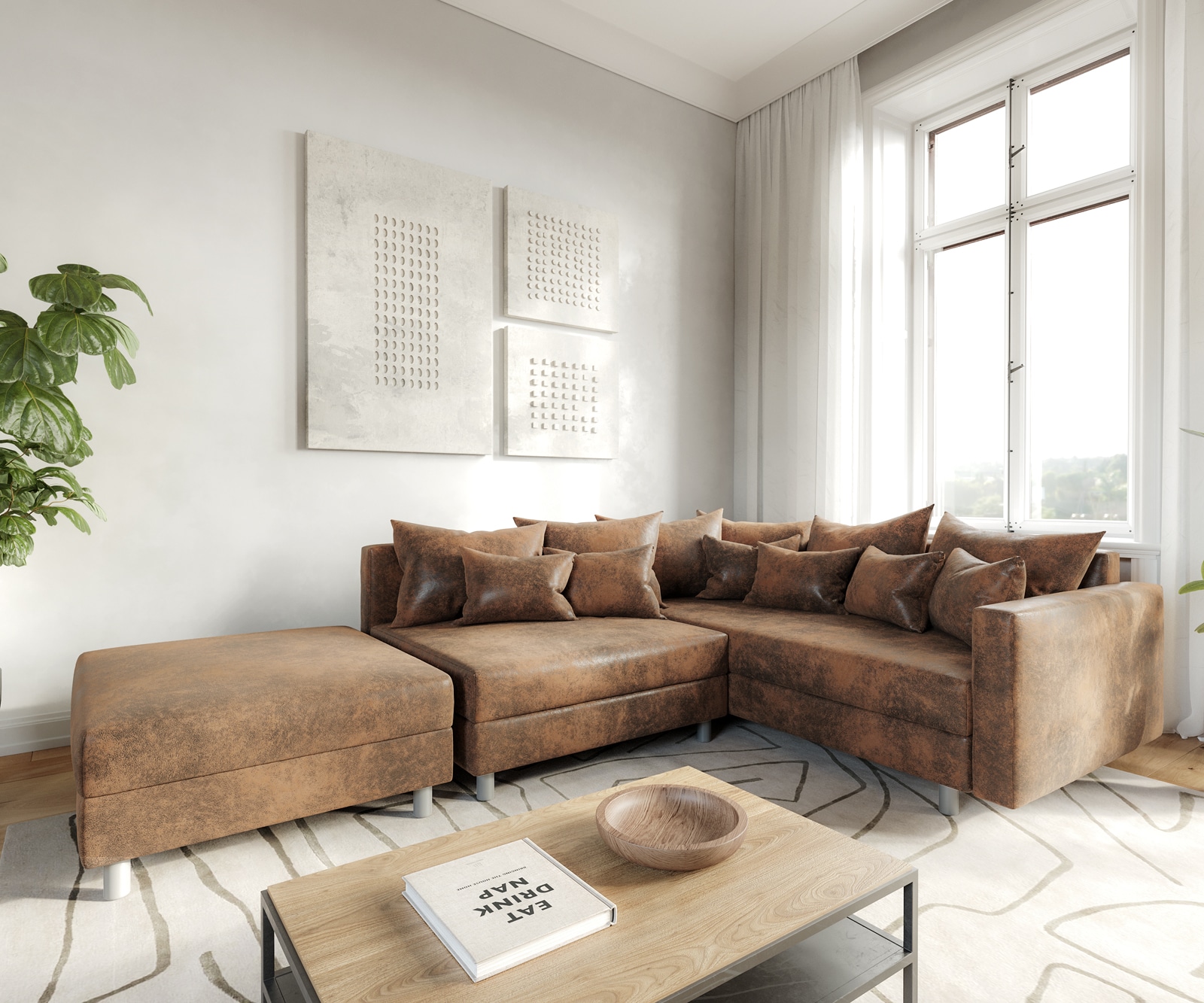 Canapé-d'angle Clovis modulable marron look antique avec tabouret et accoudoirs poufs droite 1 Canapé-d'angle Clovis modulable marron look antique avec tabouret et accoudoirs poufs droite 1