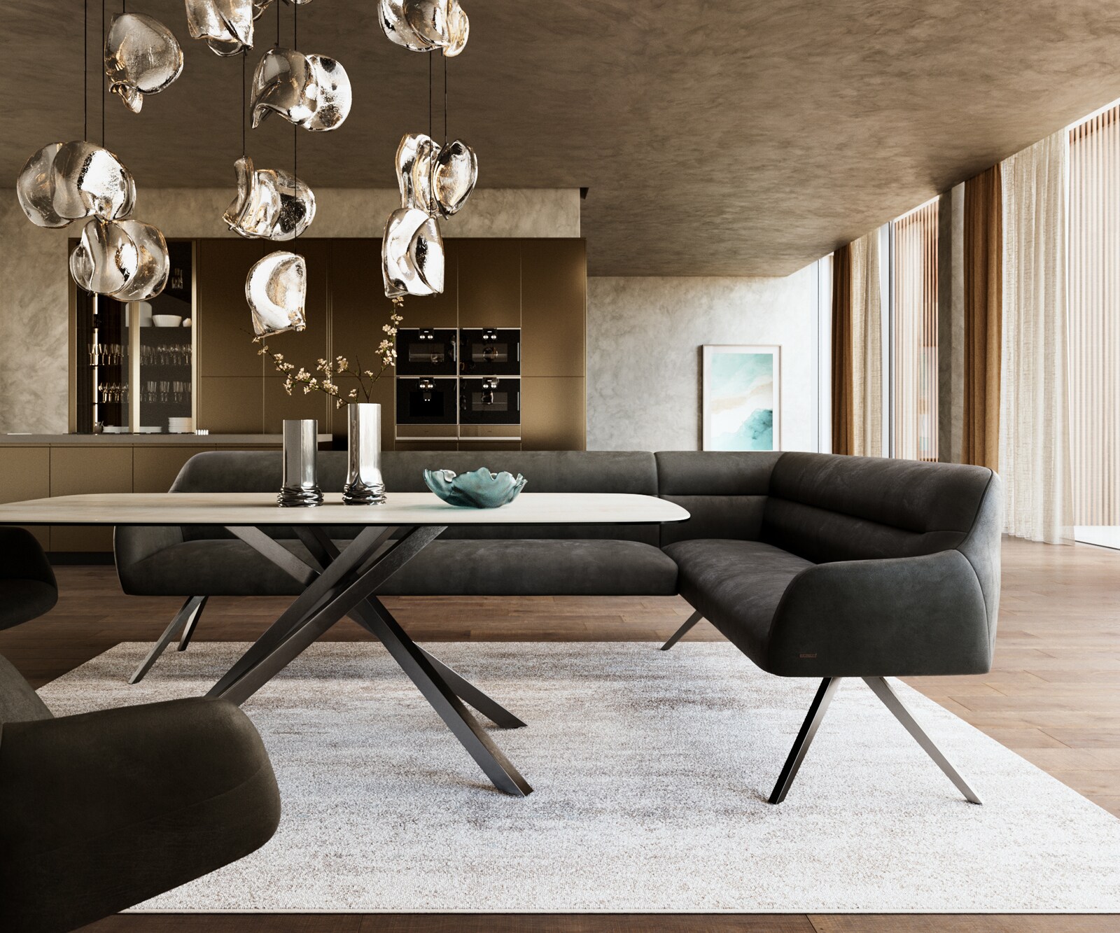 Banc-de-salle-à-manger Taya-Flex 285x190 cm microfibre antracite vintage pied croisé angulaire grafiete ressort ensaché liens 2