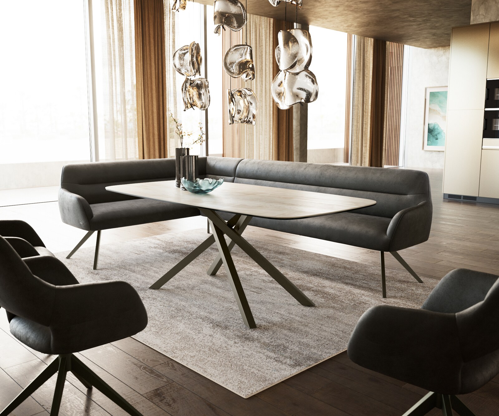 Banc-de-salle-à-manger Taya-Flex 285x190 cm microfibre antracite vintage pied croisé angulaire titane ressort ensaché à droite 1