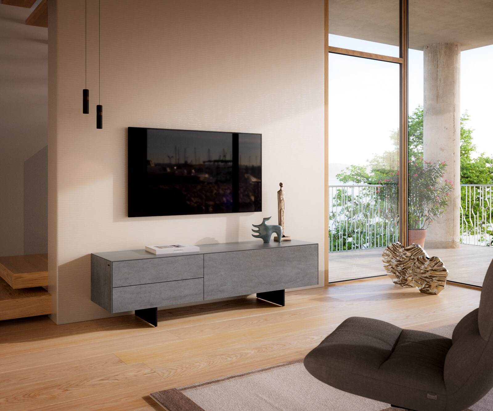Meuble-TV Cuor 180 cm Céramique Béton gris 1 Clapet 2 Tiroirs Pied optique flottant Métal Noir 1
