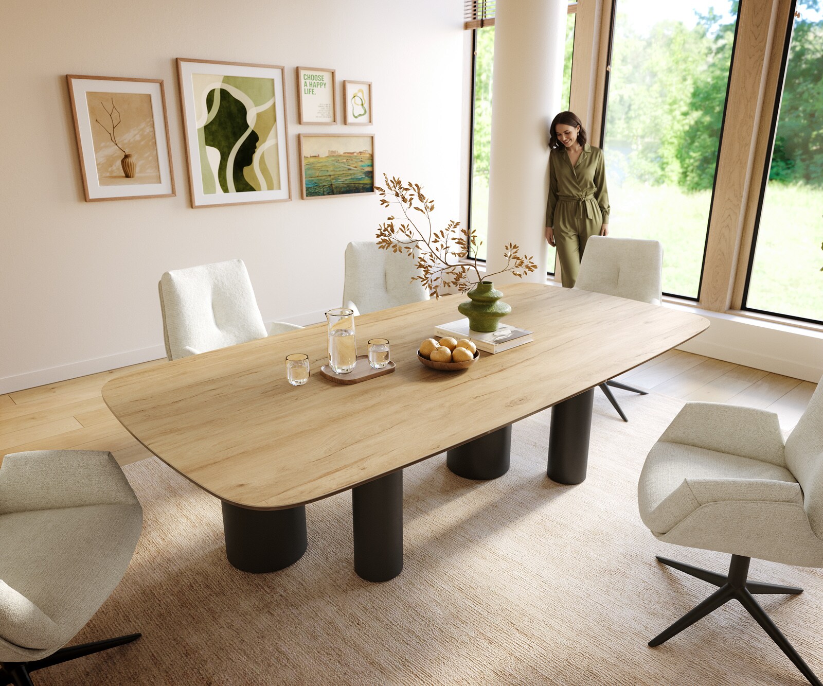 Table à manger Edge Boot 240x120 cm Céramique Laminam® Sabbia Eichefarbig Pilier Métal Noir 1