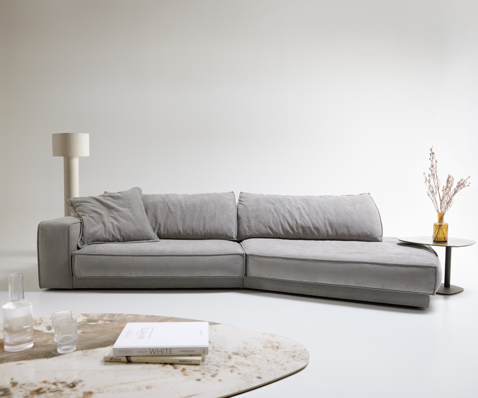 Bigsofa Snoosh 400x150 cm Tissu structuré gris soft avec méridienne à droite 3