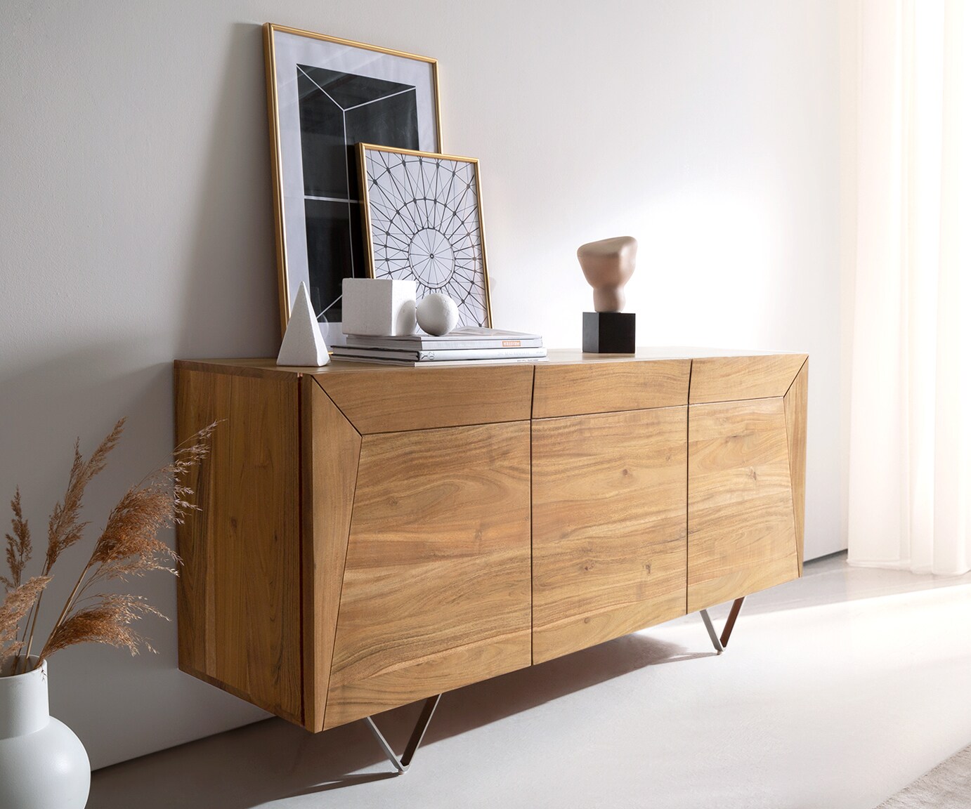 Buffet Kayu 145x40x70 cm acacia naturel 3 portes pied en V