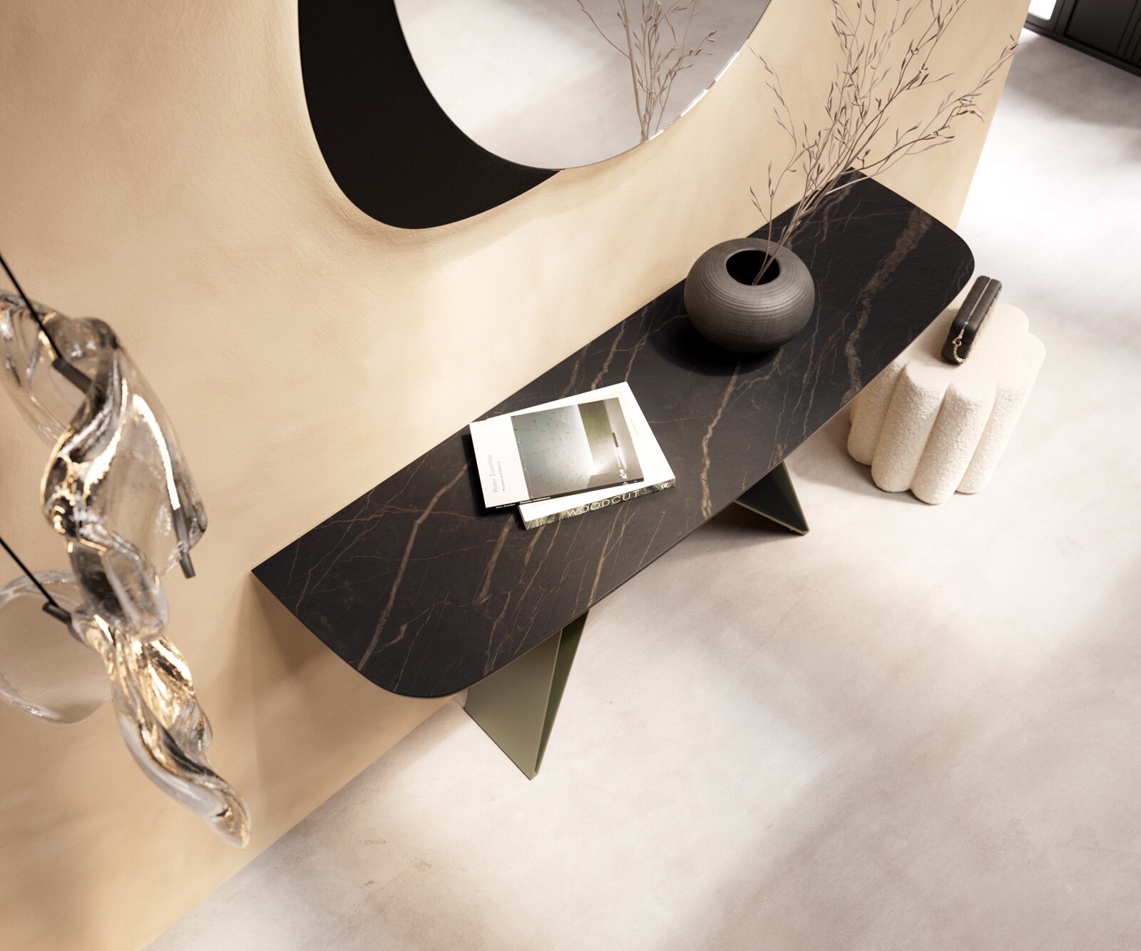 Console Edge forme bateau 140x40 cm Céramique Laminam® Noir Desir Braun Velio Métal Effektfinish Titan 2
