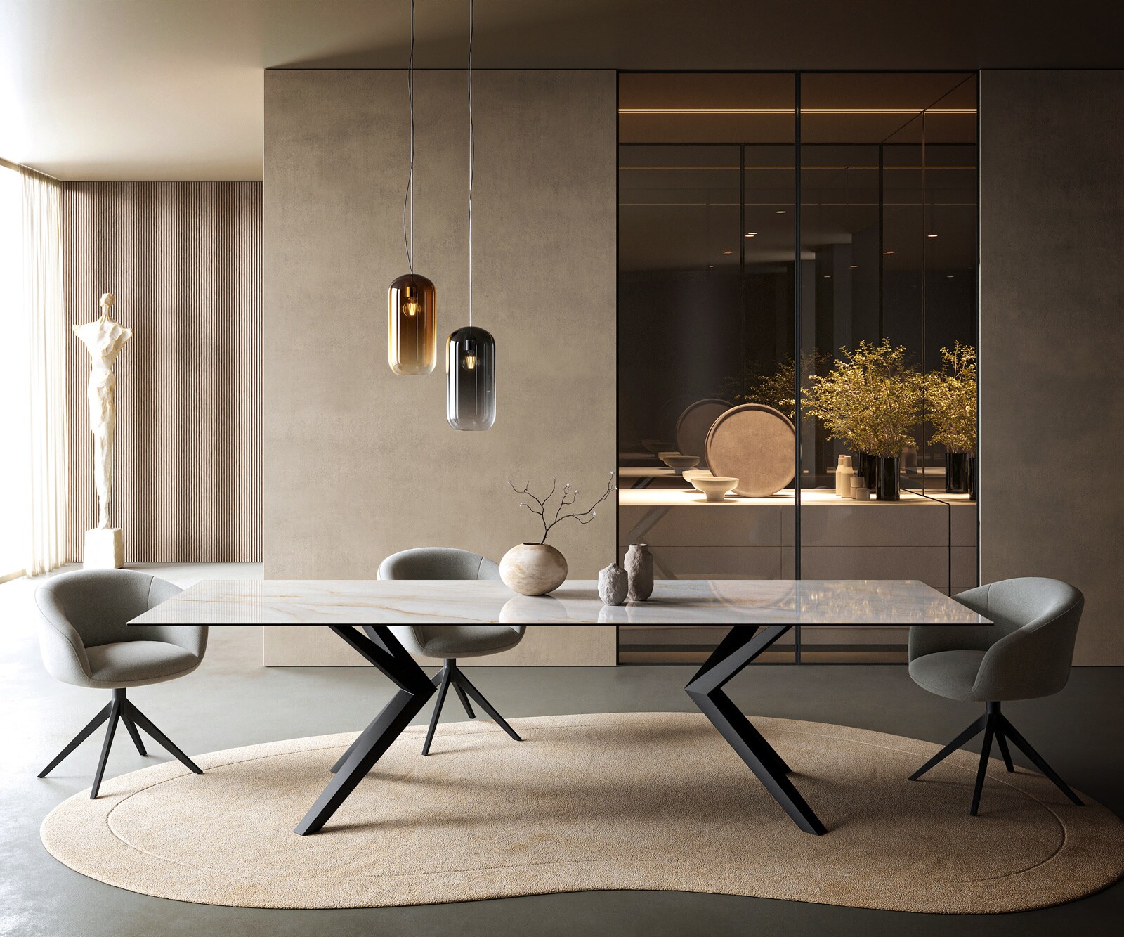 Table à manger Edge 300x100 cm céramique Onyx Pearl Zenthara angulaire métal noir 2