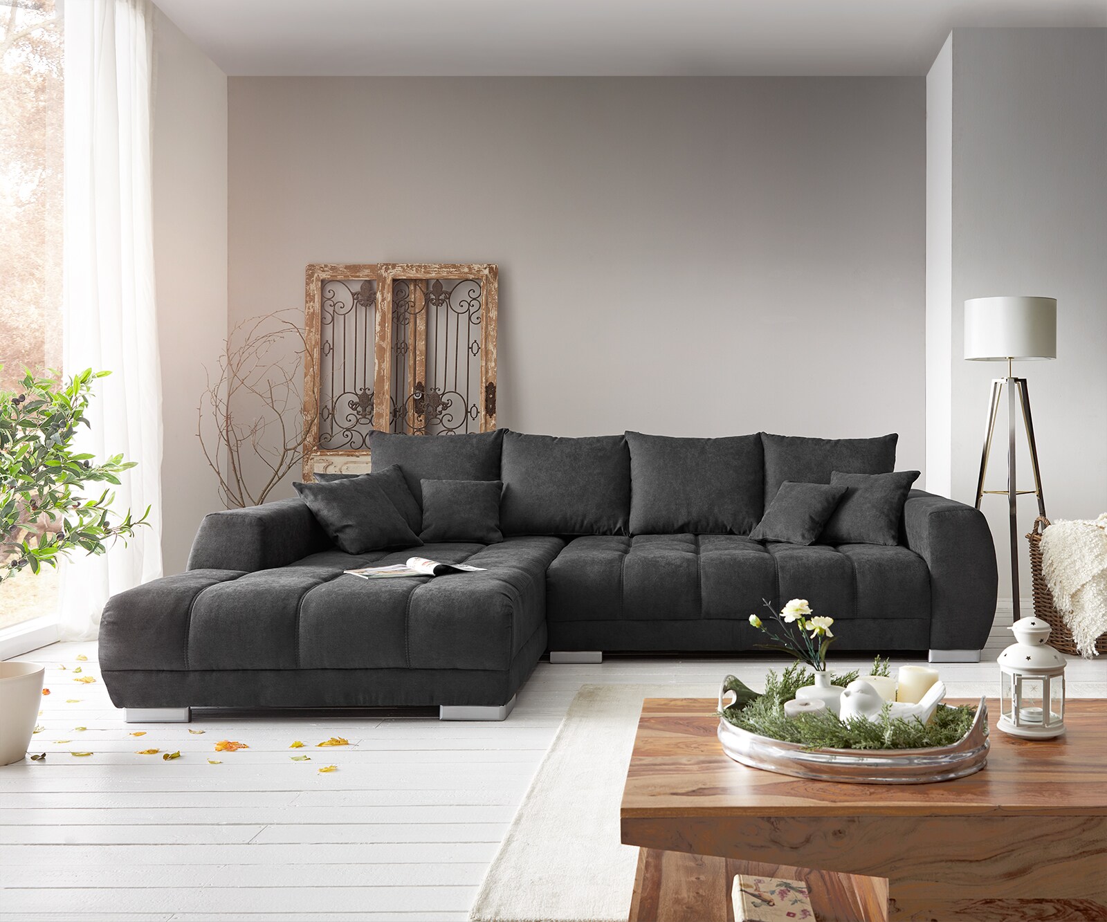 Canapé-panoramique Josea 300x220 cm microfibre noir recamière à gauche 1