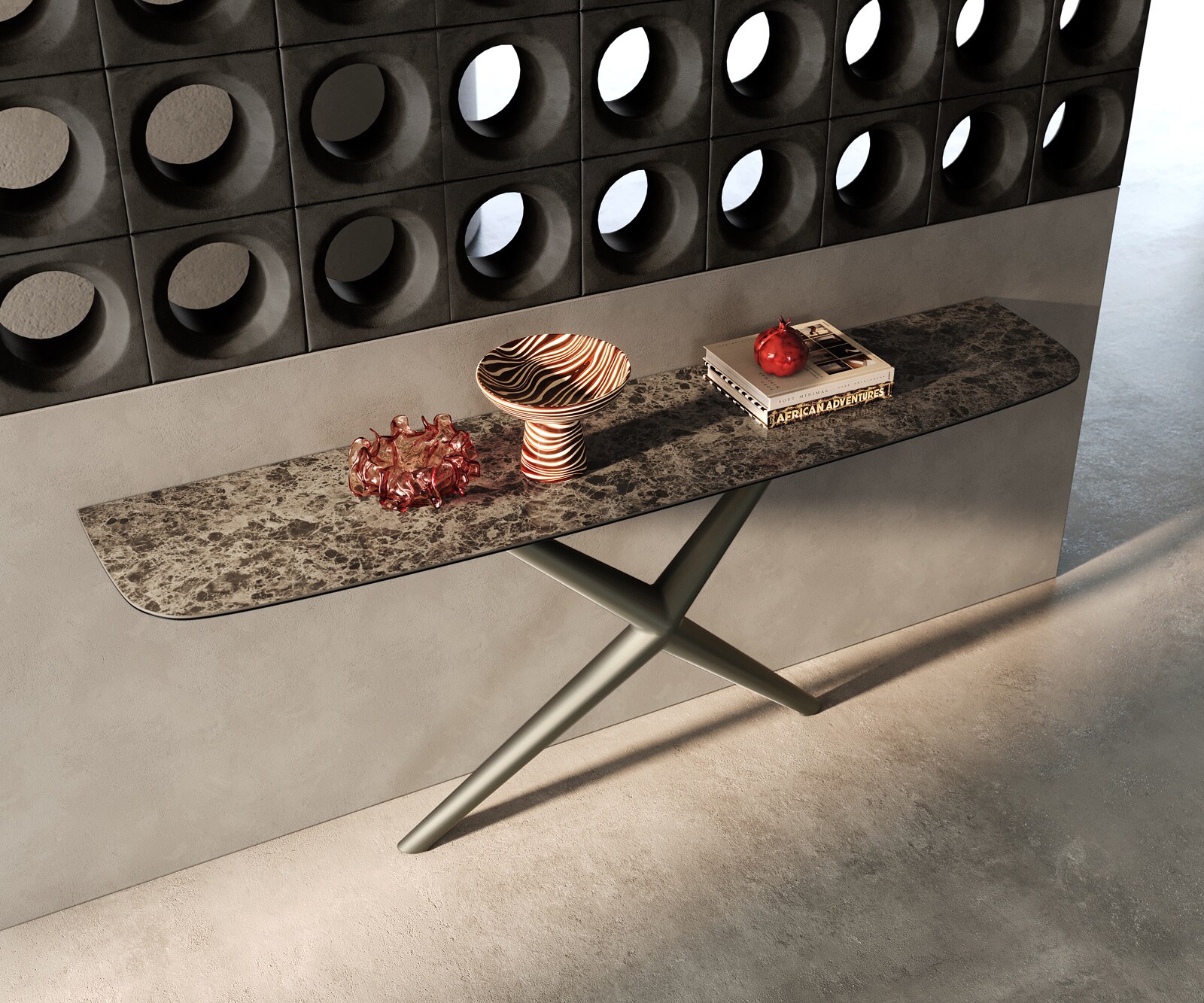 Console Edge forme bateau 180x40 cm Céramique Emperador Extra Lucidato Dunkelbraun Estelo Métal Effektfinish Titan 2