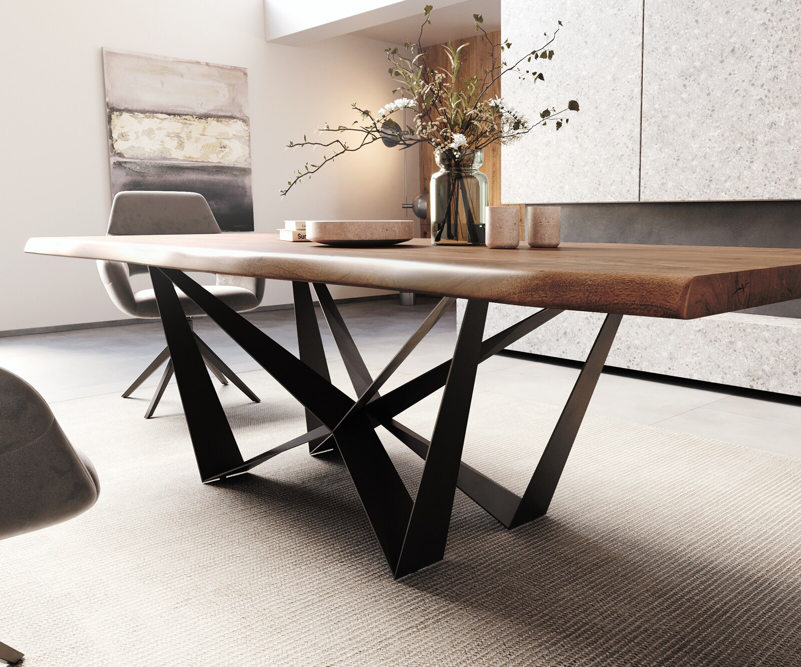 Table à manger Edge 260x100 XL acacia marron Spider acier plat noir Live-Edge 5