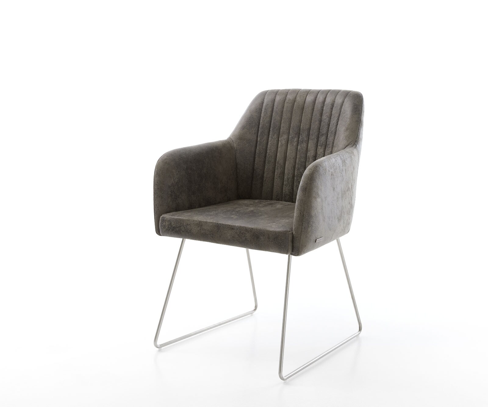 Chaise-de-salle-à-manger Greg-Flex microvelours gris antique pied trapèze acier inoxydable brossé ressorts ensachés