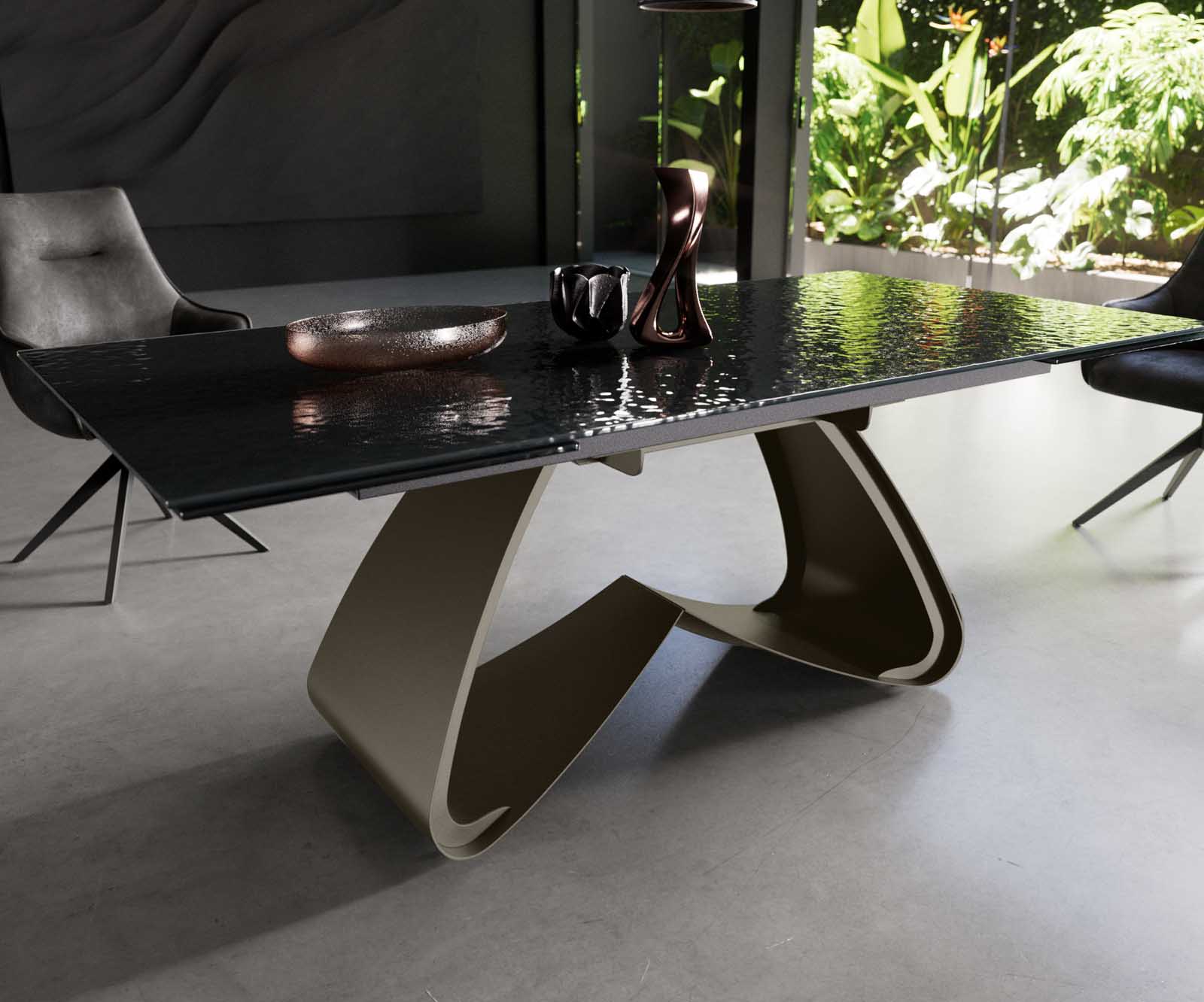 Table à manger Edge 200-300x100 verre fondu noir fumé relief en 3D cadre en W Effektfinish Titan extensible 4