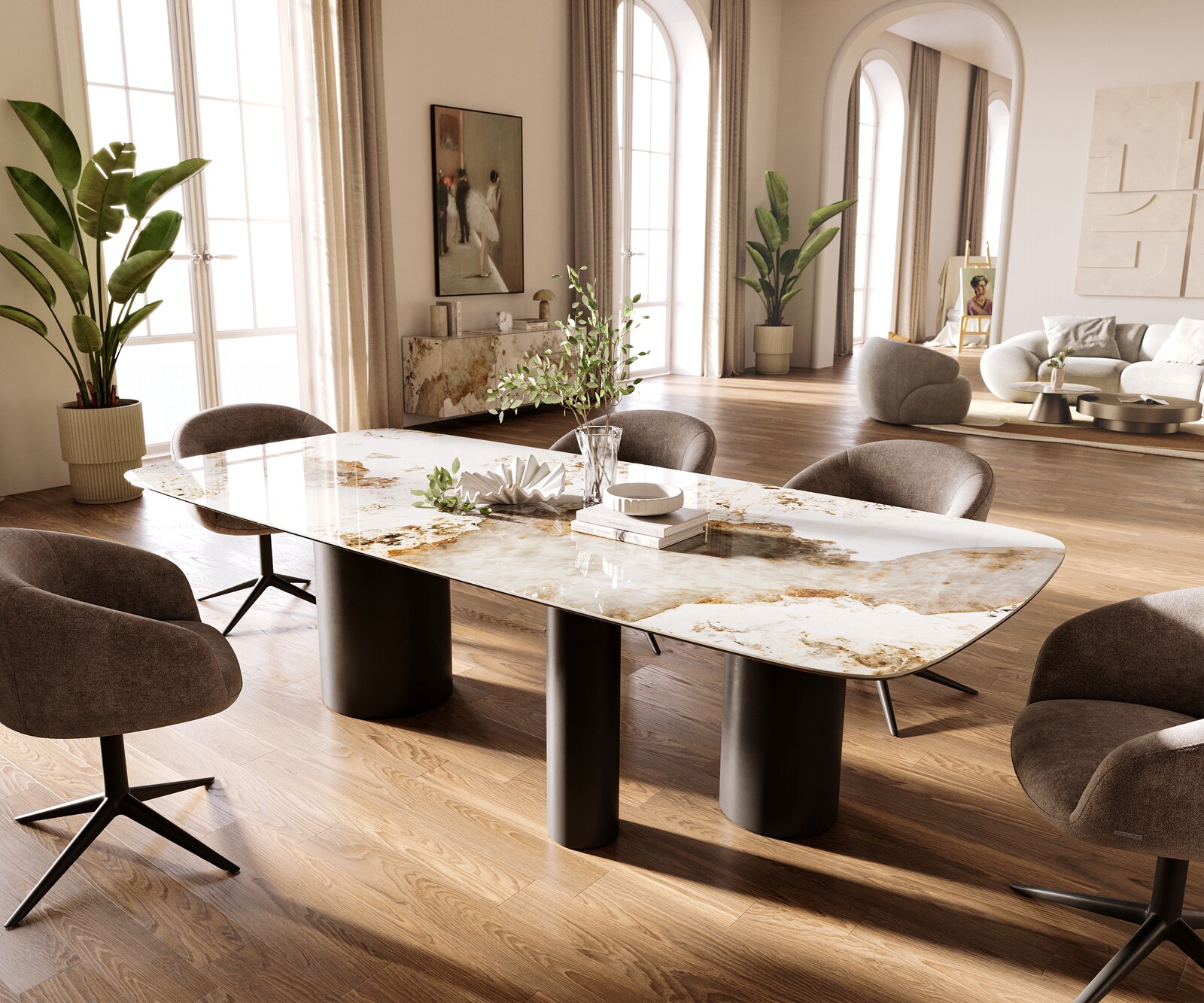 Table à manger Edge Boot 260x120 cm Céramique Minas Melange Blanc-Beige Troa Métal Noir