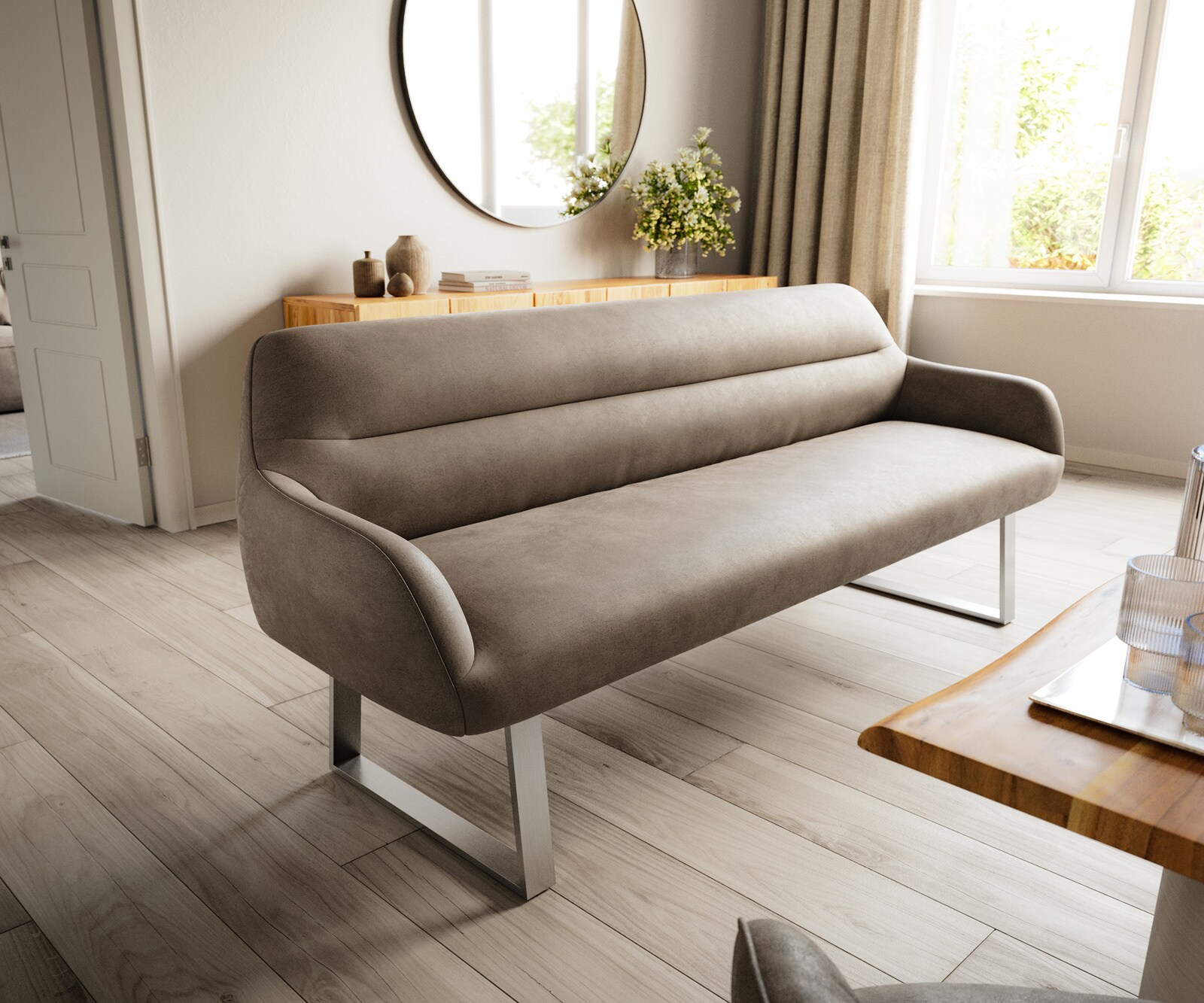 Banc-de-salle-à-manger Taya-Flex 200 cm microfibre taupe vintage piètement à patins angulaire acier inoxydable ressort ensaché