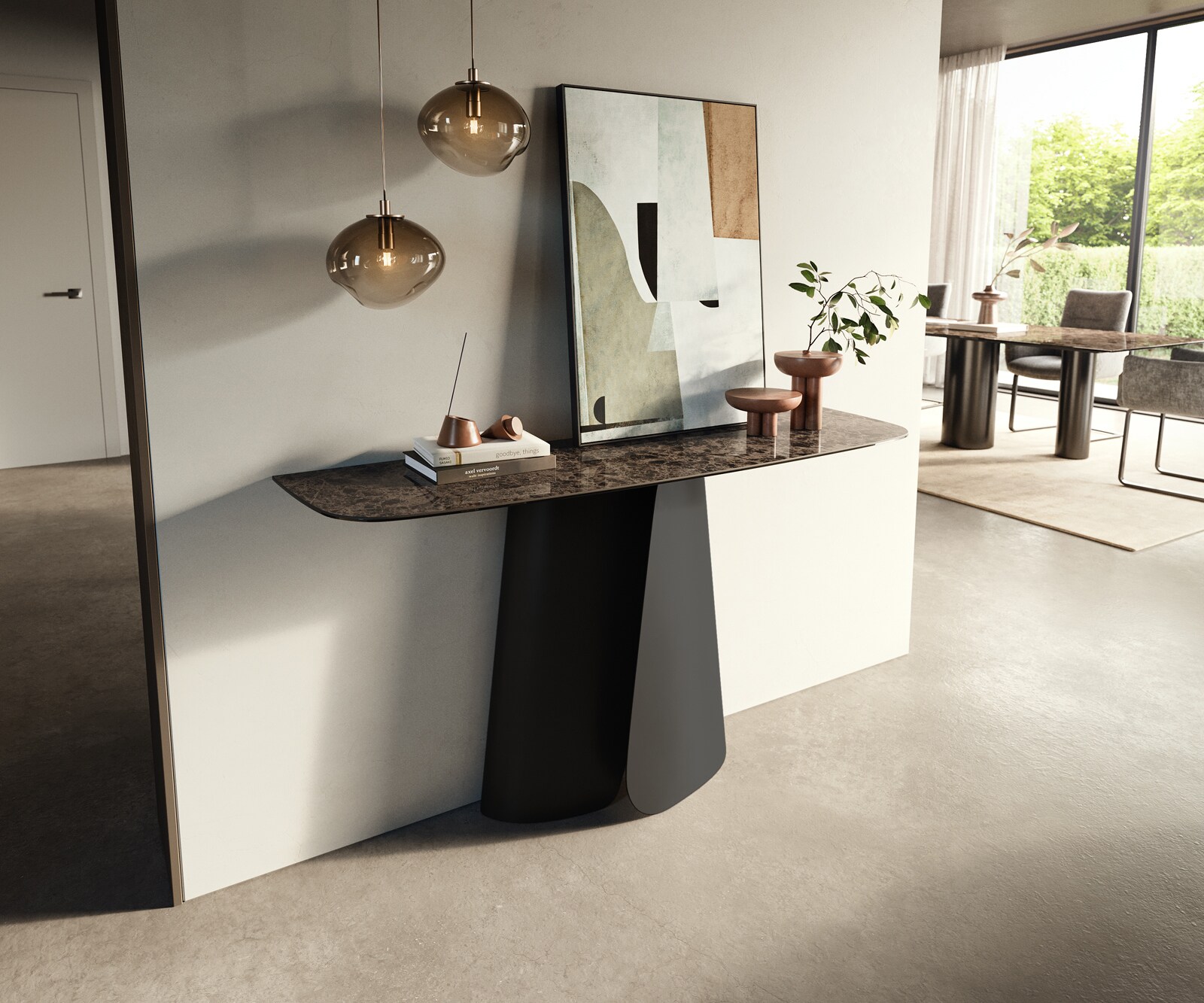 Console Edge forme bateau 140x40 cm Céramique Emperador Extra Lucidato Dunkelbraun Livos Métal Noir 3