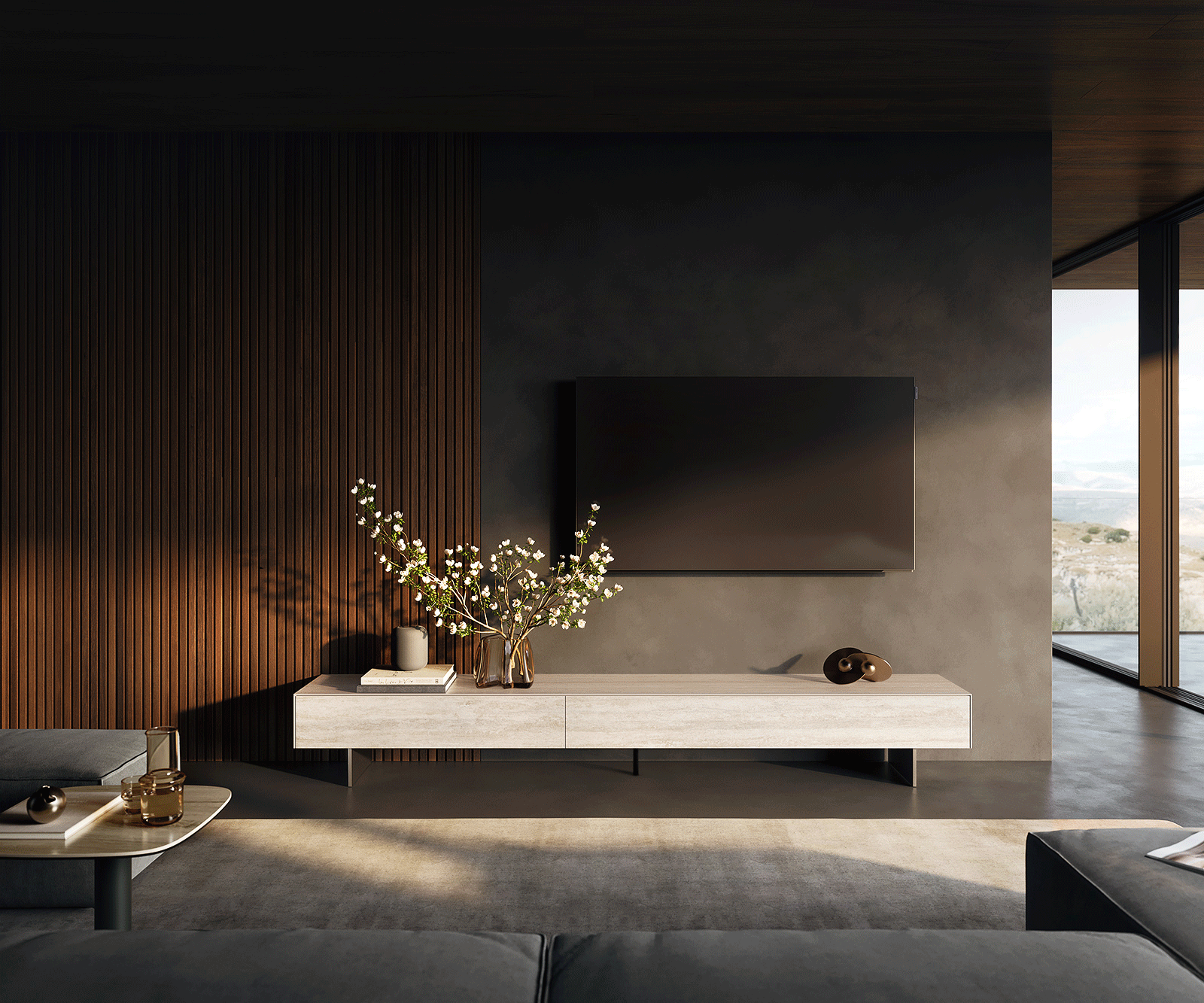 Meuble-TV Cuor 250 cm Céramique Laminam® Travertino Bianco Crème-blanc 1 Clapet 1 Tiroir Pied optique flottant Ancier inoxydable 2