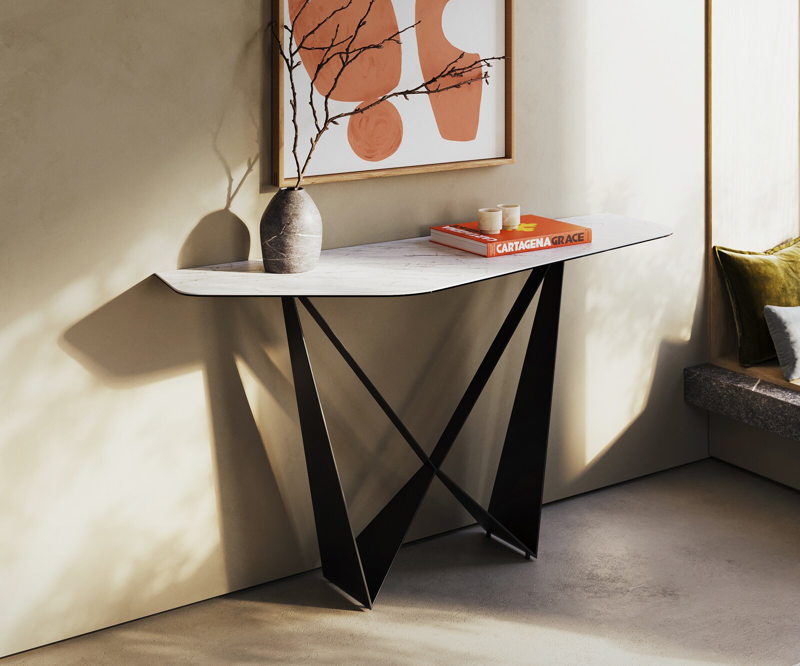 Console Edge Polygonal 140x50 cm Céramique Laminam® Statuarietto Weiß Spios Métal Noir 4