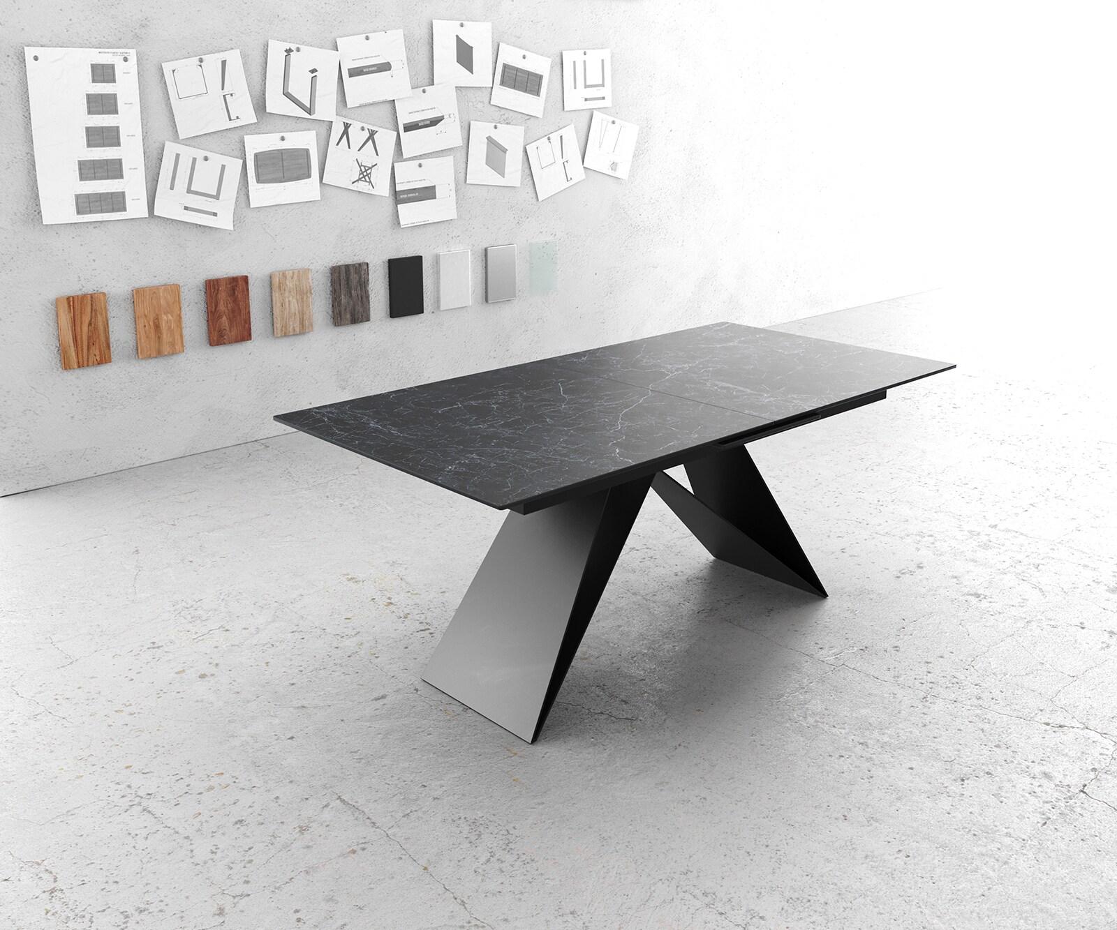 Table-à-manger Edge 180-220x100cm Laminam® céramique gris V-pieds milieu noir 1
